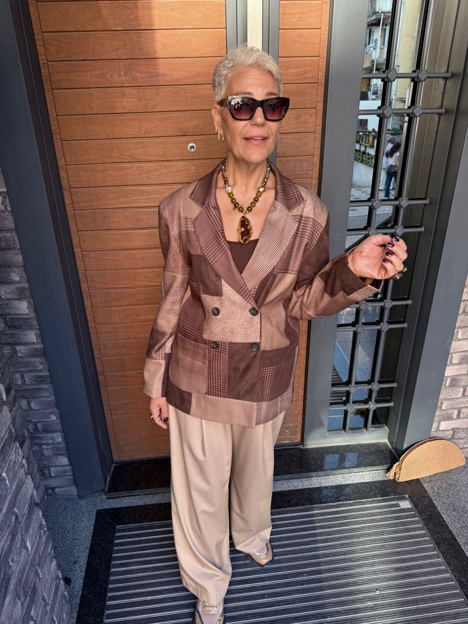 Patchwork Desenli Oversize Blazer Ceket – Kahve Ton