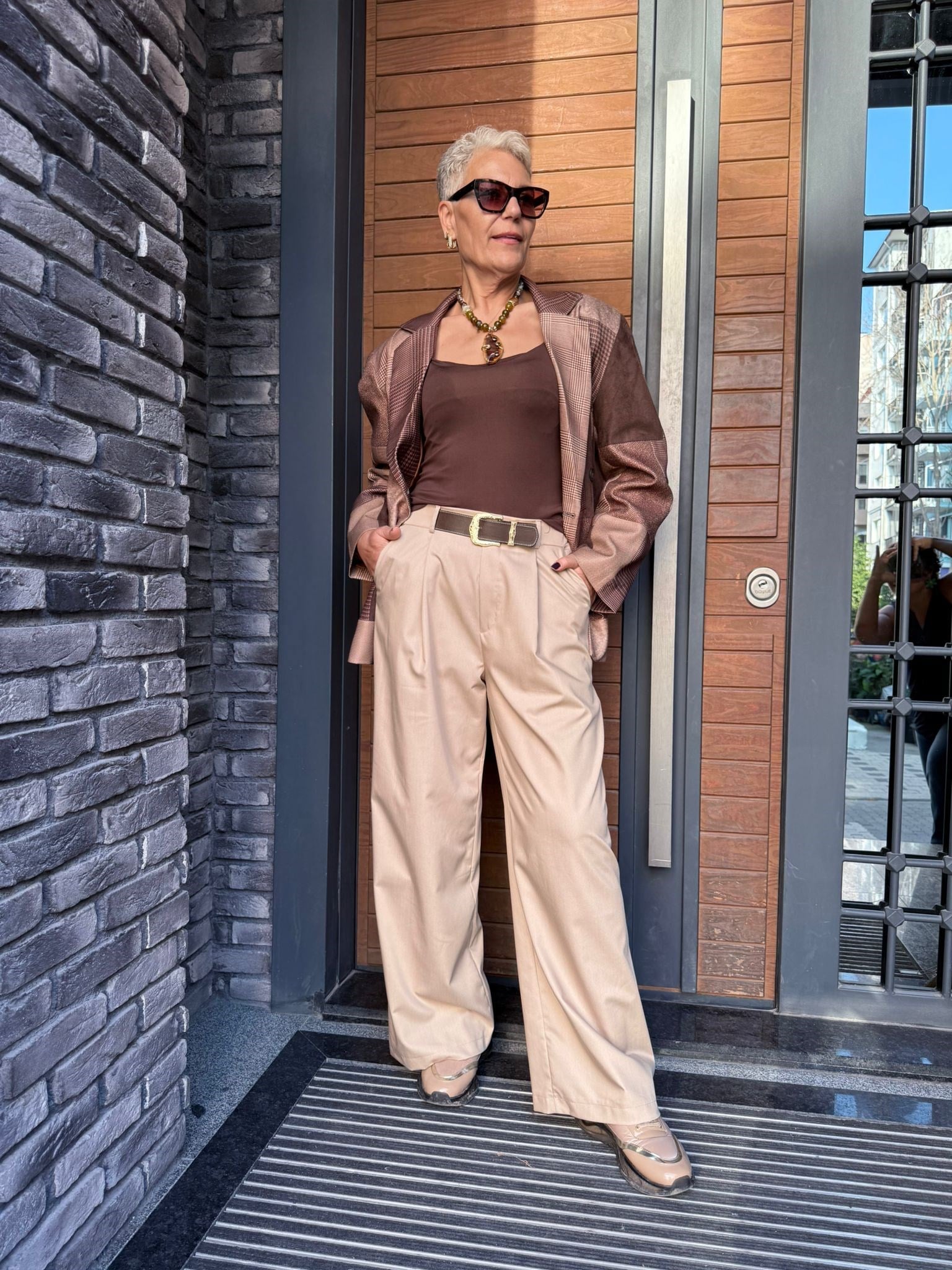 Patchwork Desenli Oversize Blazer Ceket – Kahve Ton