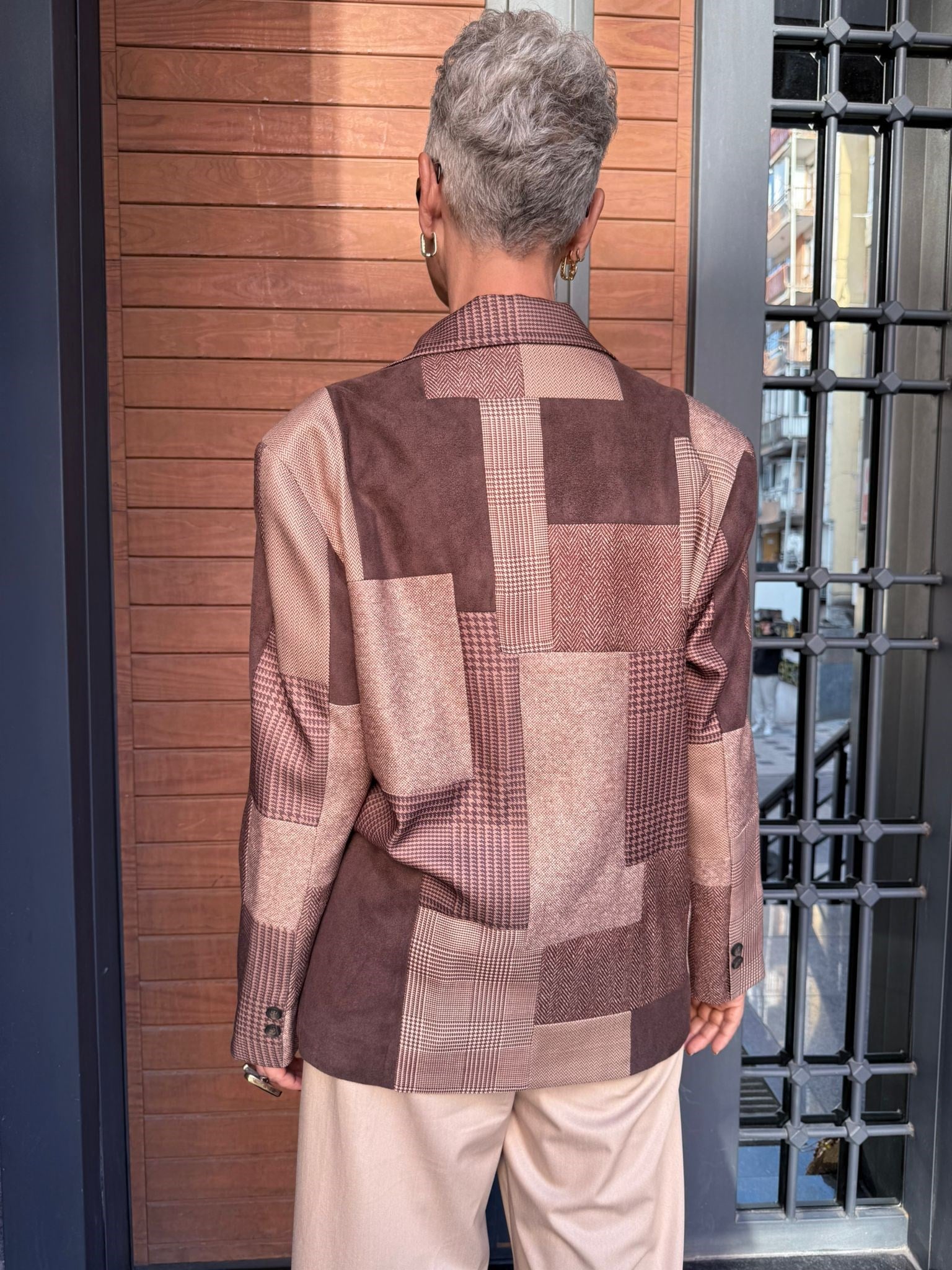 Patchwork Desenli Oversize Blazer Ceket – Kahve Ton