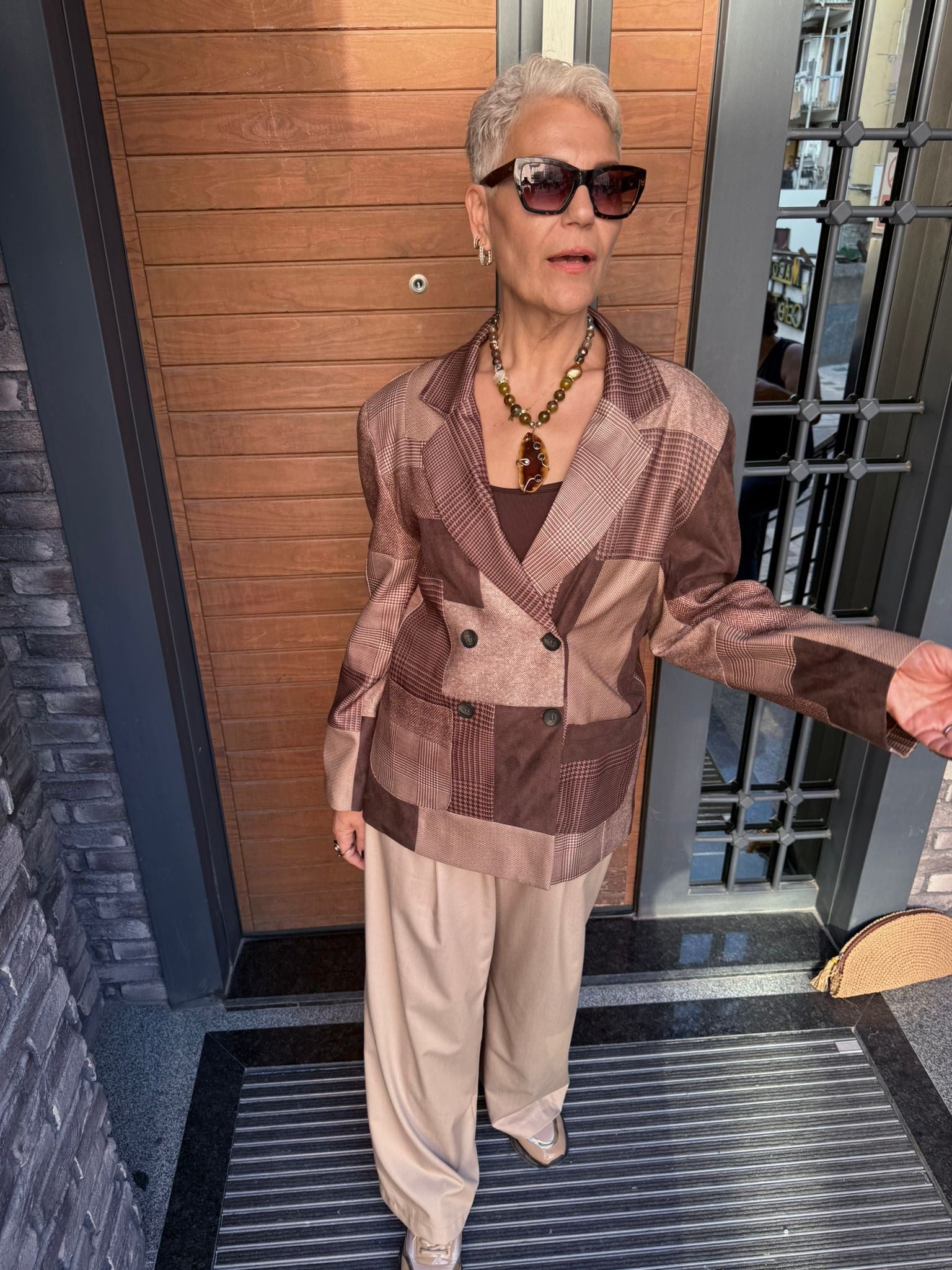 Patchwork Desenli Oversize Blazer Ceket – Kahve Ton