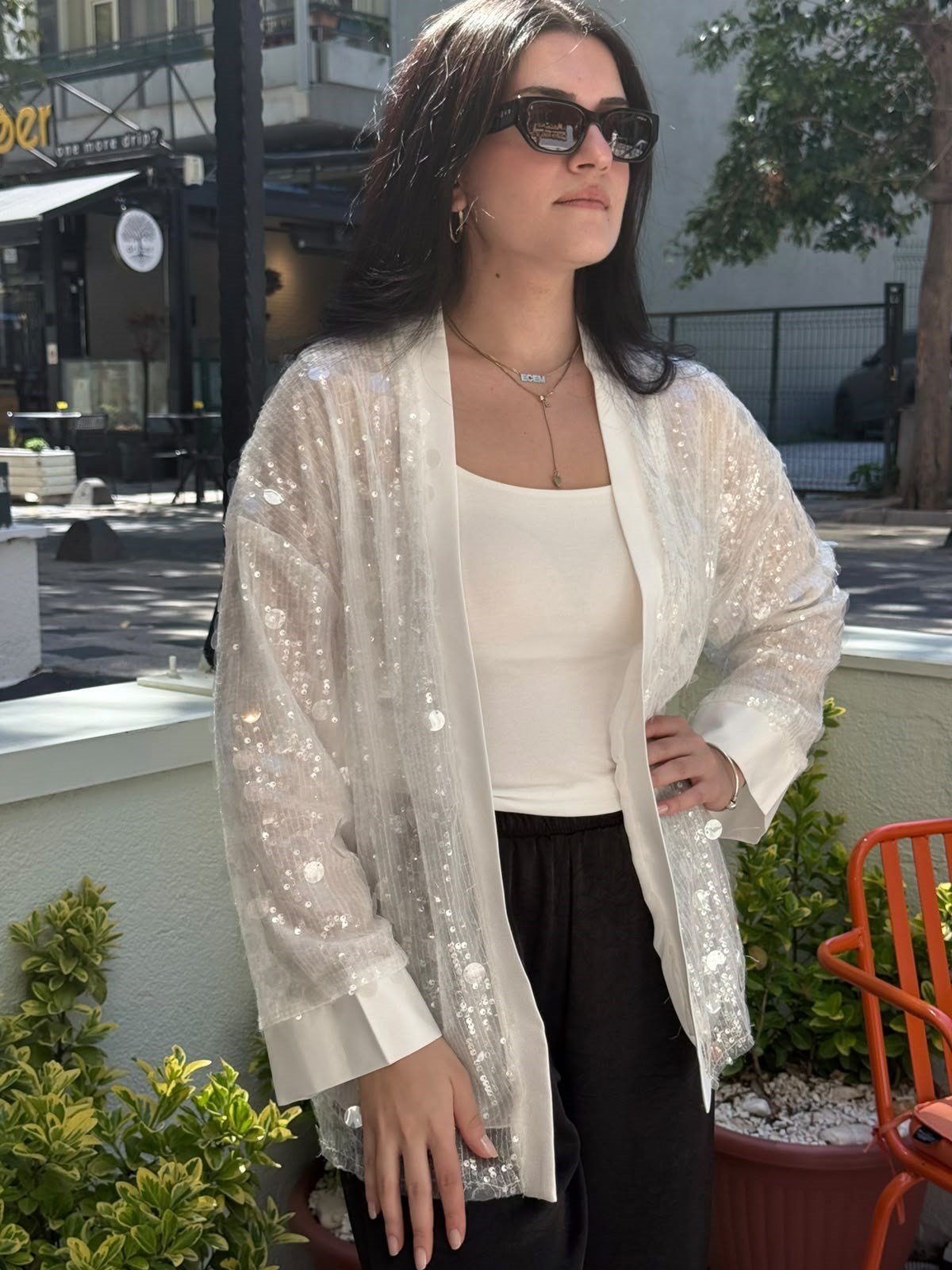 Payet İşlemeli Transparan Kimono – Ekru