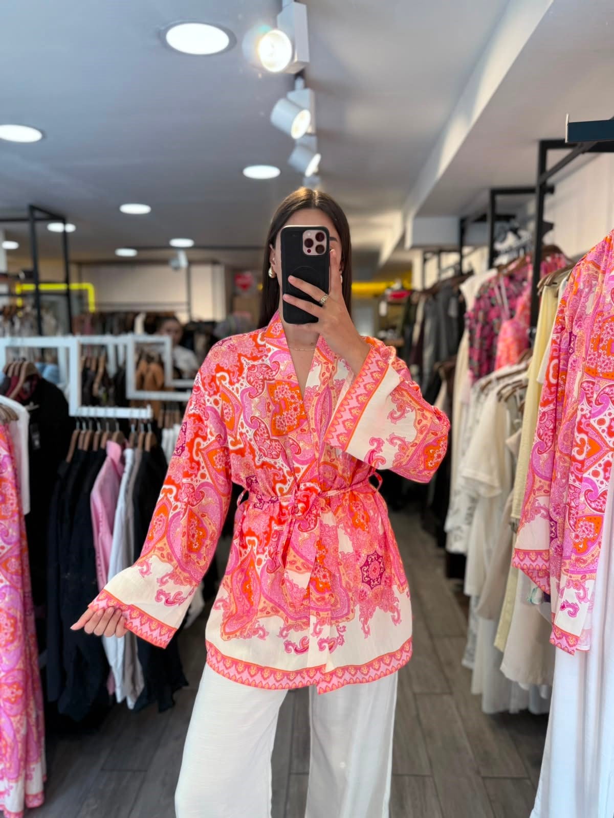Pembe Etnik Desenli Kuşaklı Kimono Ceket