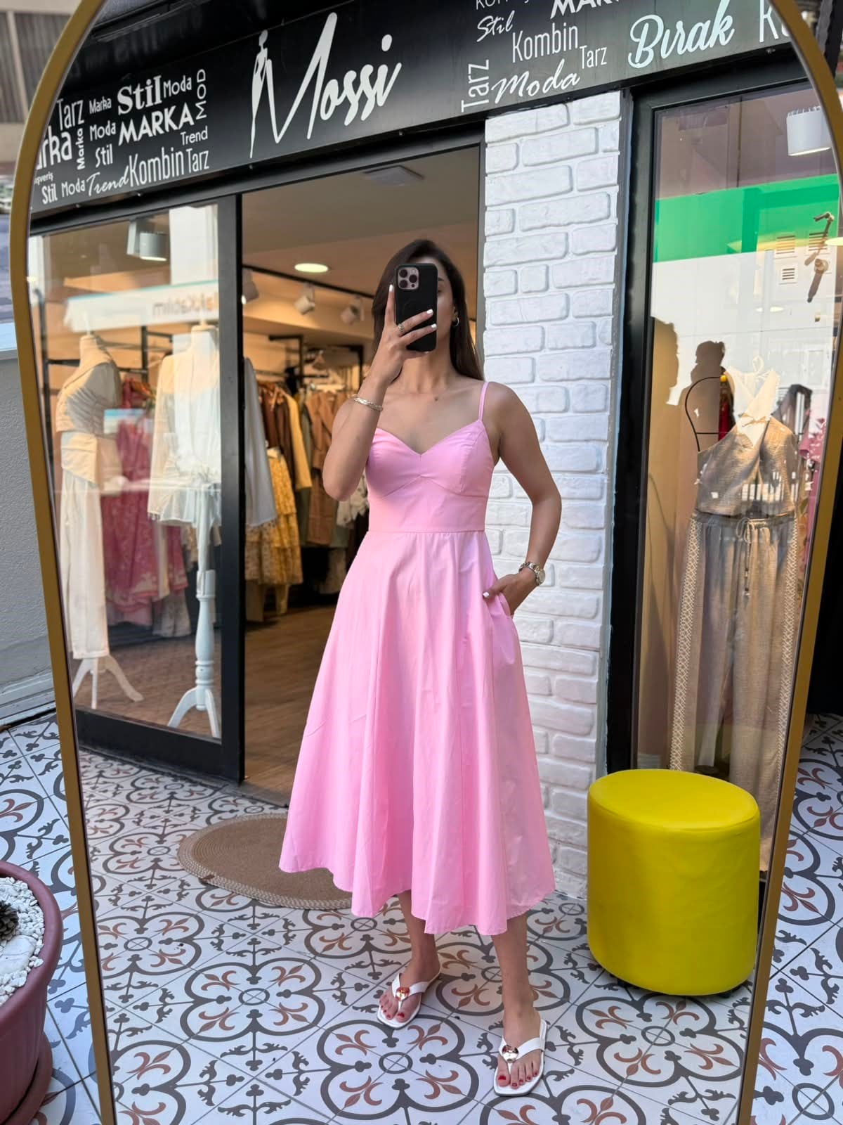 Pudra Pembe Askılı Midi Elbise