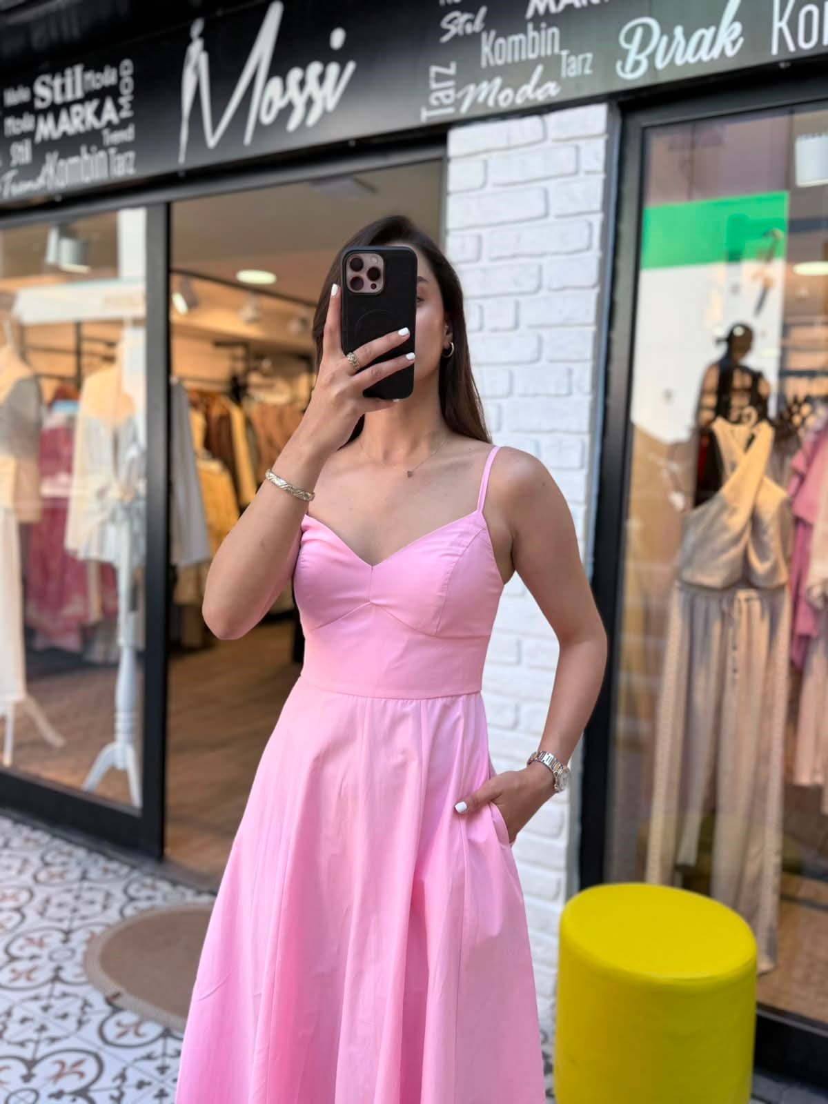 Pudra Pembe Askılı Midi Elbise