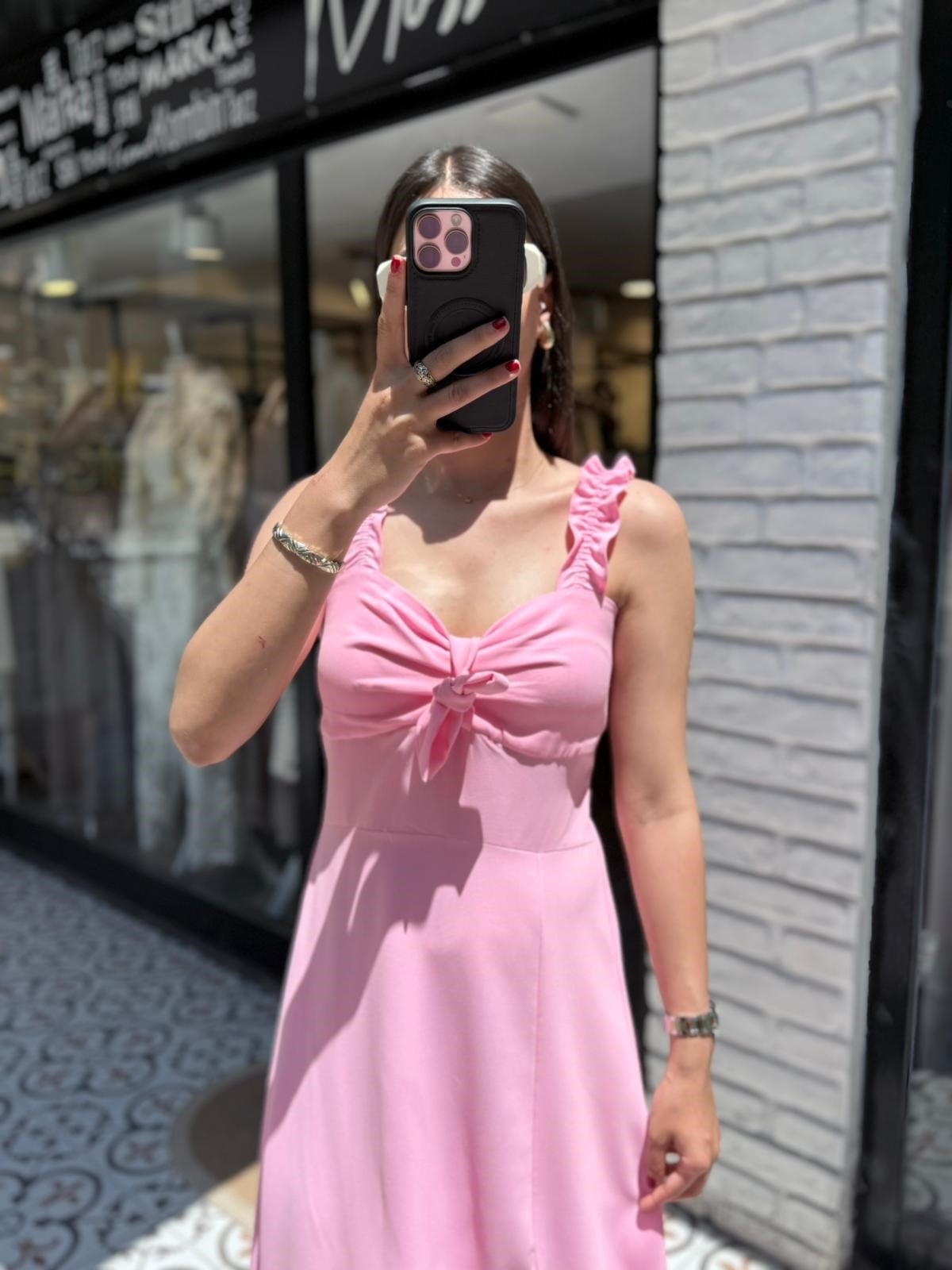 Şeker Pembe Askılı Yırtmaçlı Elbise