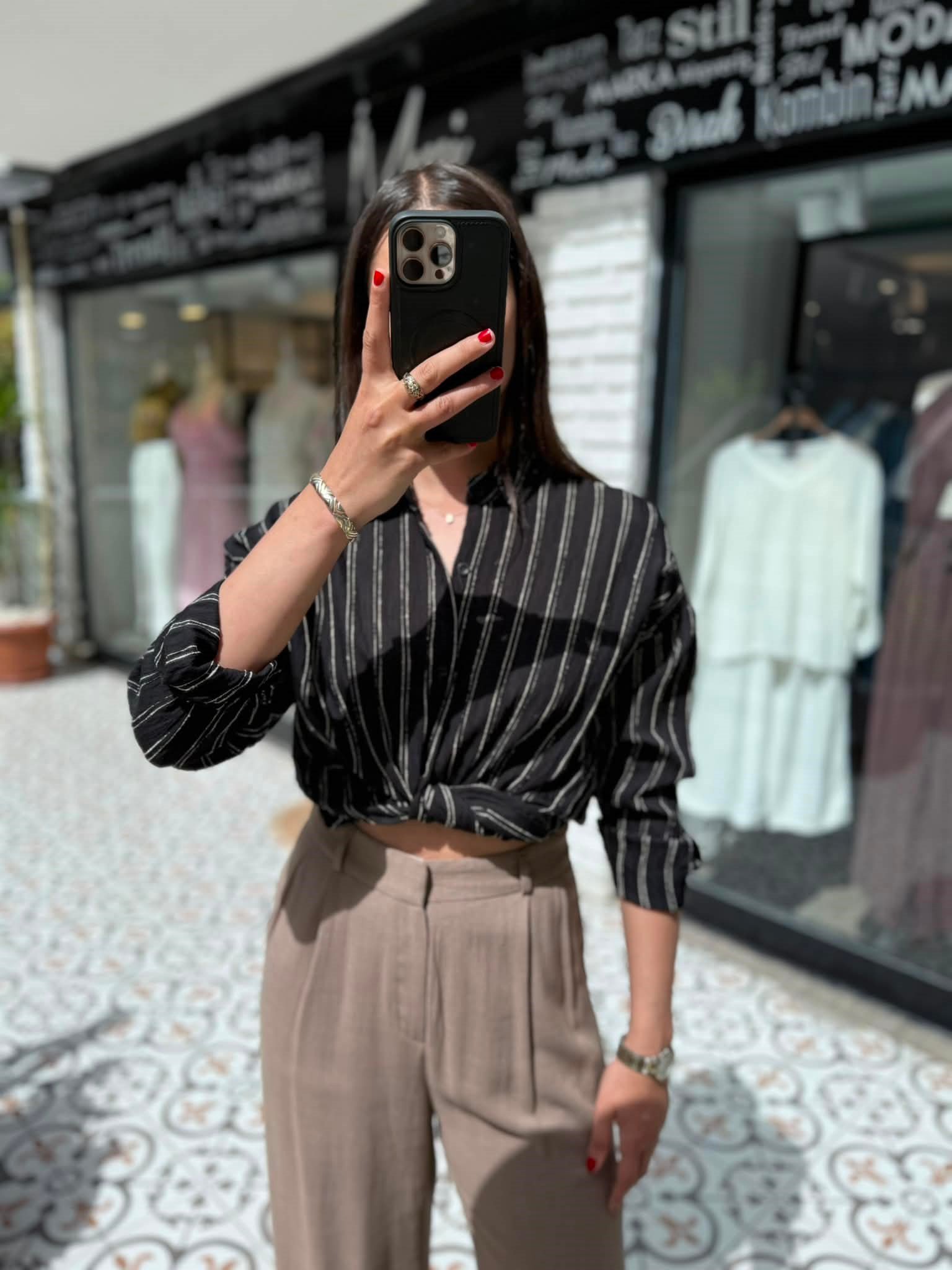 Siyah Çizgili Pamuklu Oversize Gömlek