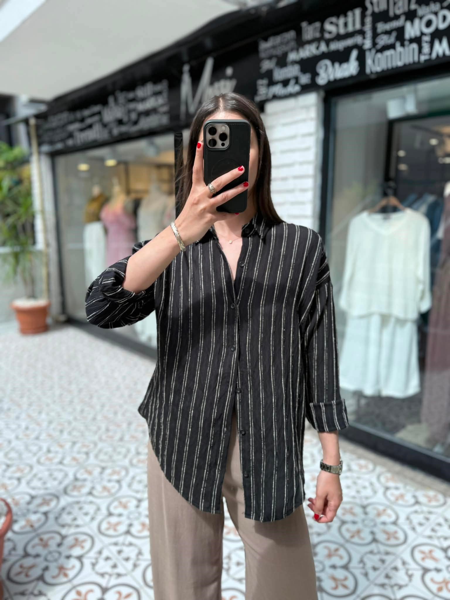 Siyah Çizgili Pamuklu Oversize Gömlek