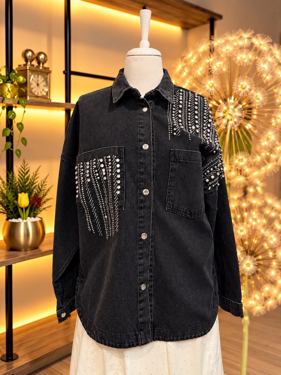 Siyah Taş İşlemeli Oversize Kadın Denim Gömlek