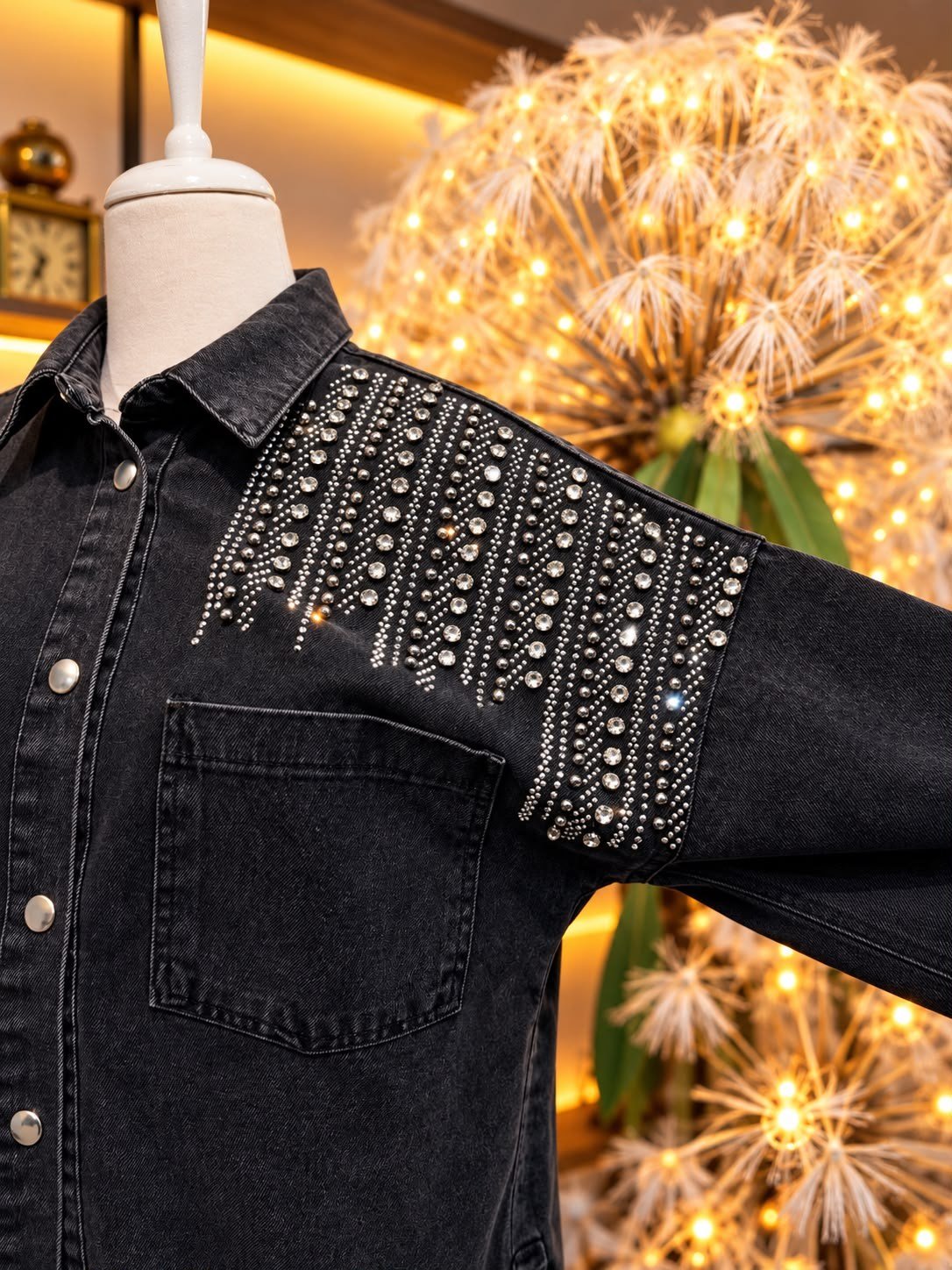 Siyah Taş İşlemeli Oversize Kadın Denim Gömlek
