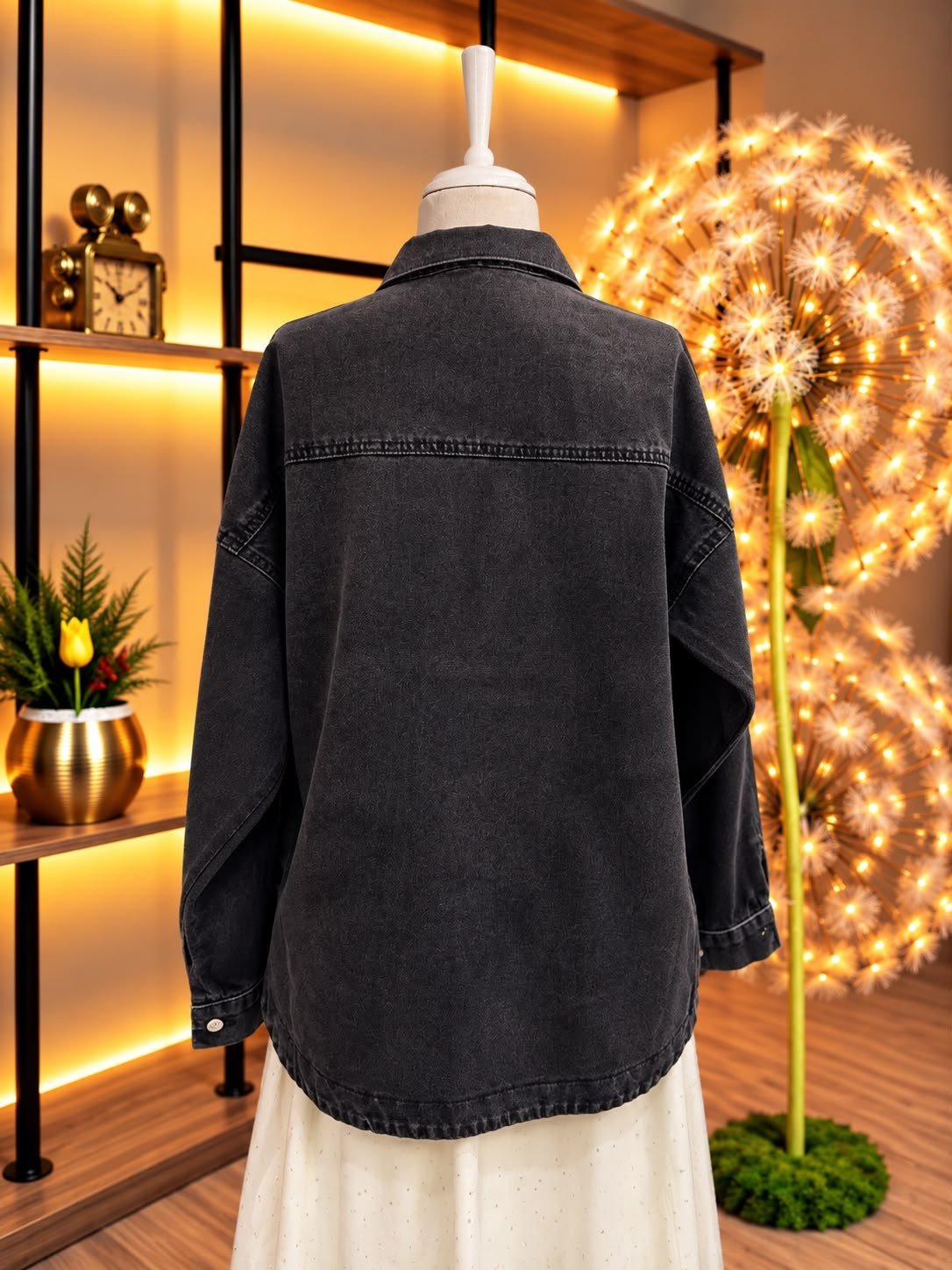 Siyah Taş İşlemeli Oversize Kadın Denim Gömlek