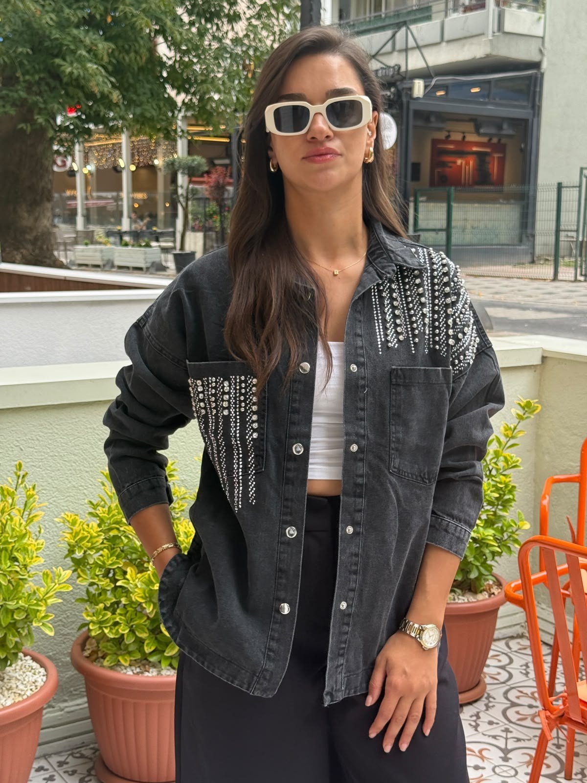 Siyah Taşlı Oversize Denim Gömlek Ceket