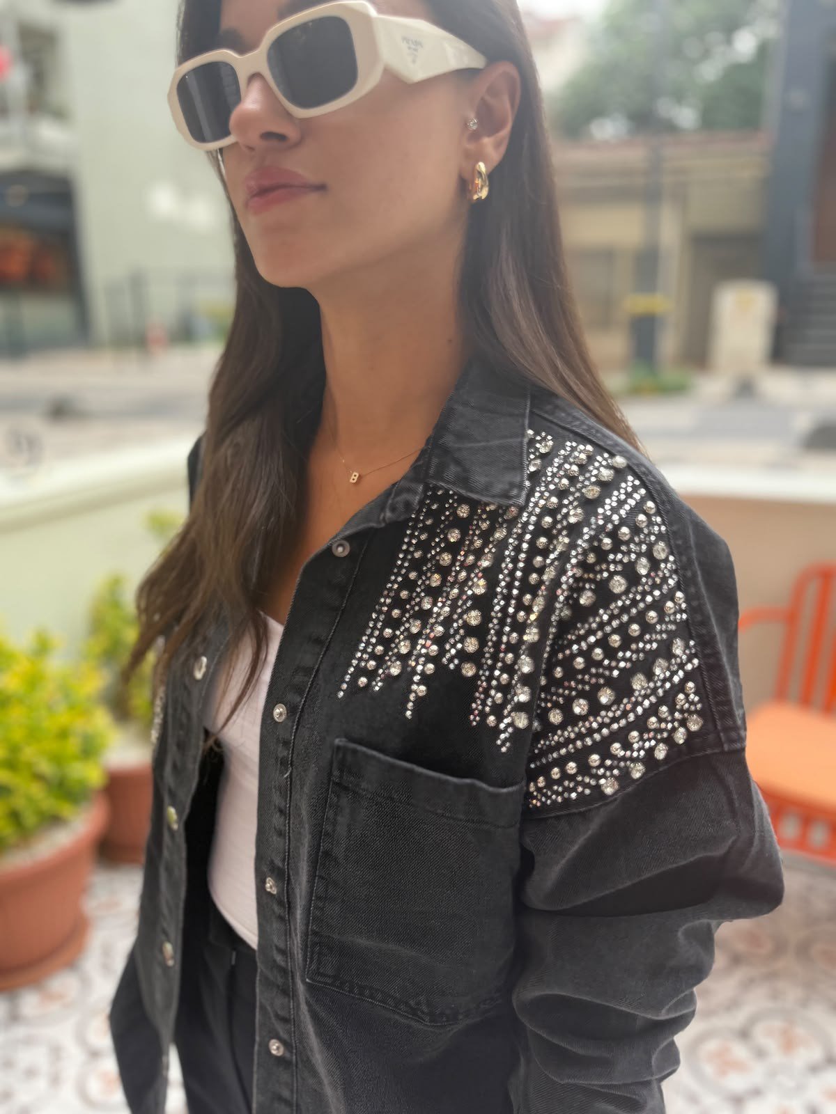Siyah Taşlı Oversize Denim Gömlek Ceket