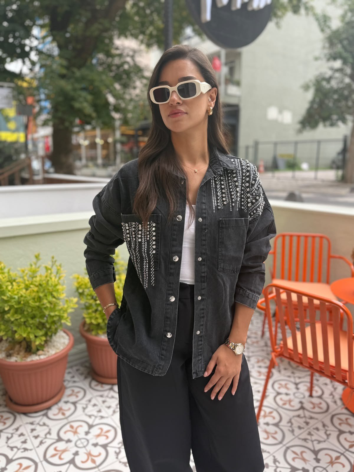 Siyah Taşlı Oversize Denim Gömlek Ceket