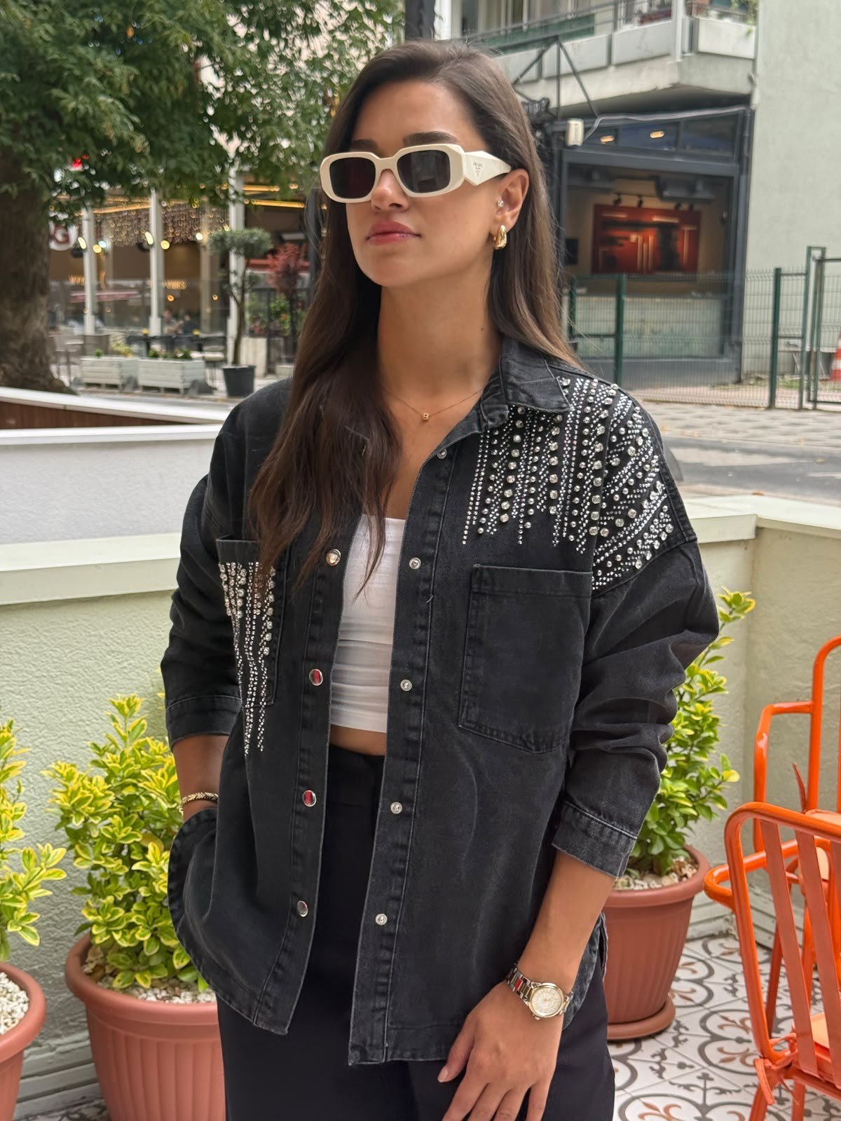 Siyah Taşlı Oversize Denim Gömlek Ceket