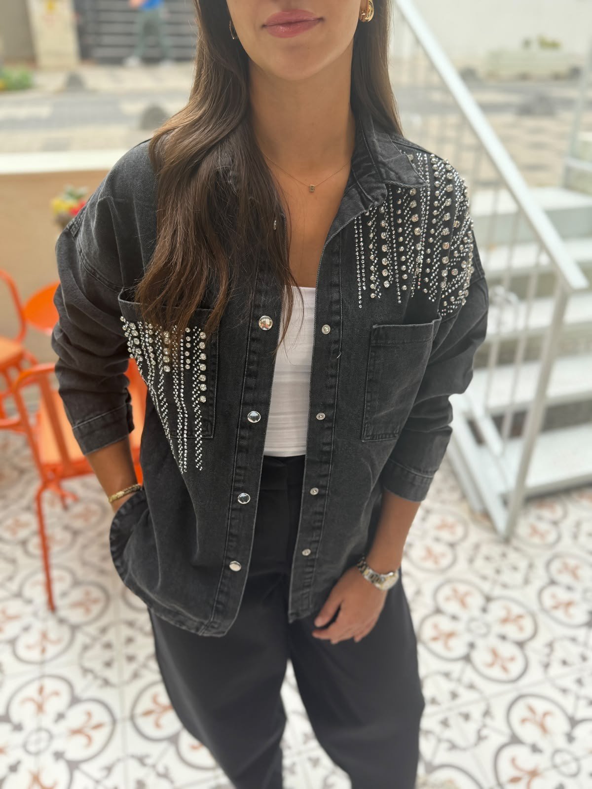 Siyah Taşlı Oversize Denim Gömlek Ceket