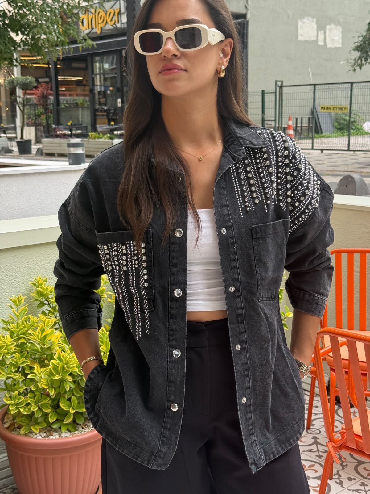 Siyah Taşlı Oversize Denim Gömlek Ceket