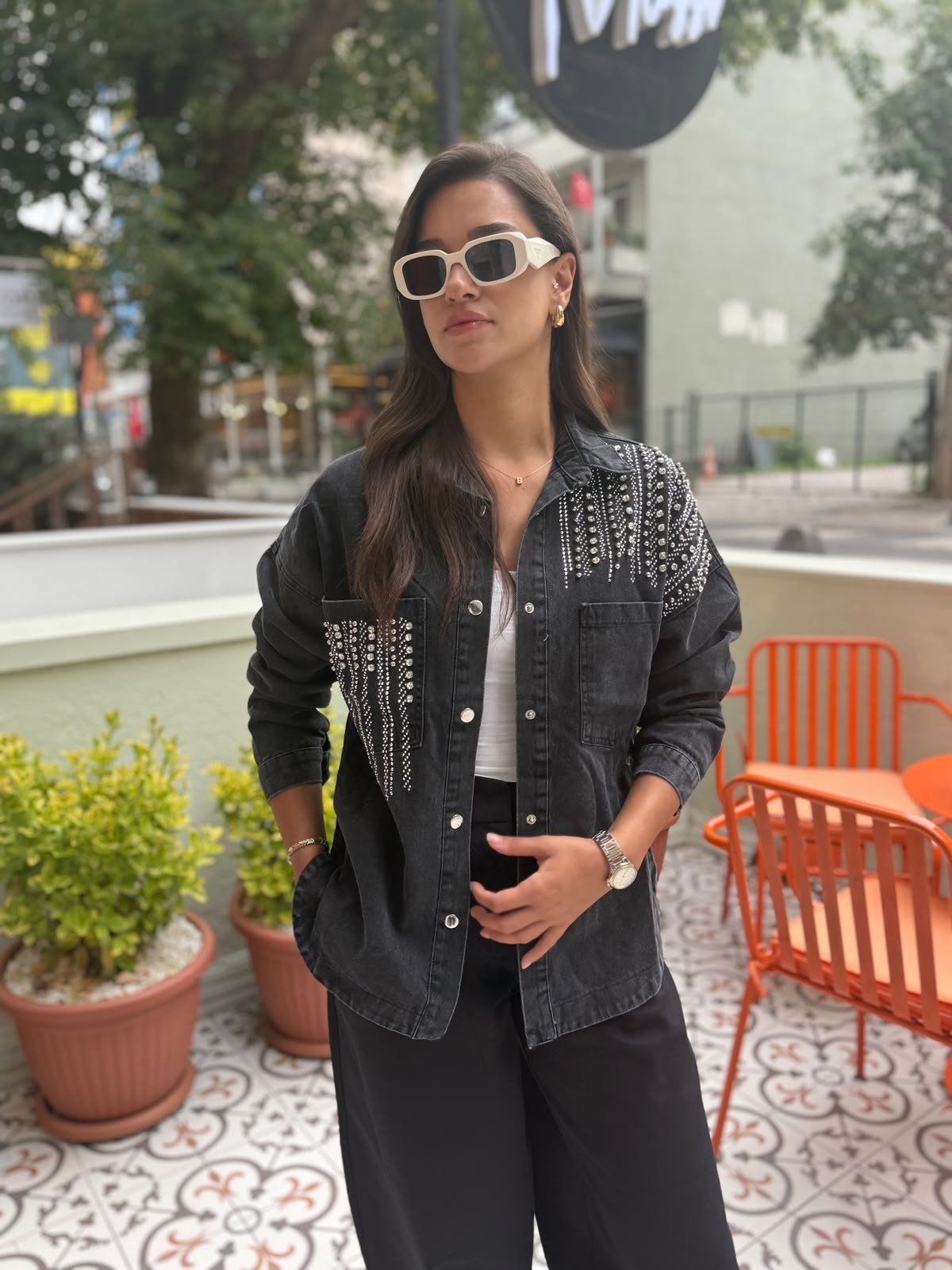 Siyah Taşlı Oversize Denim Gömlek Ceket