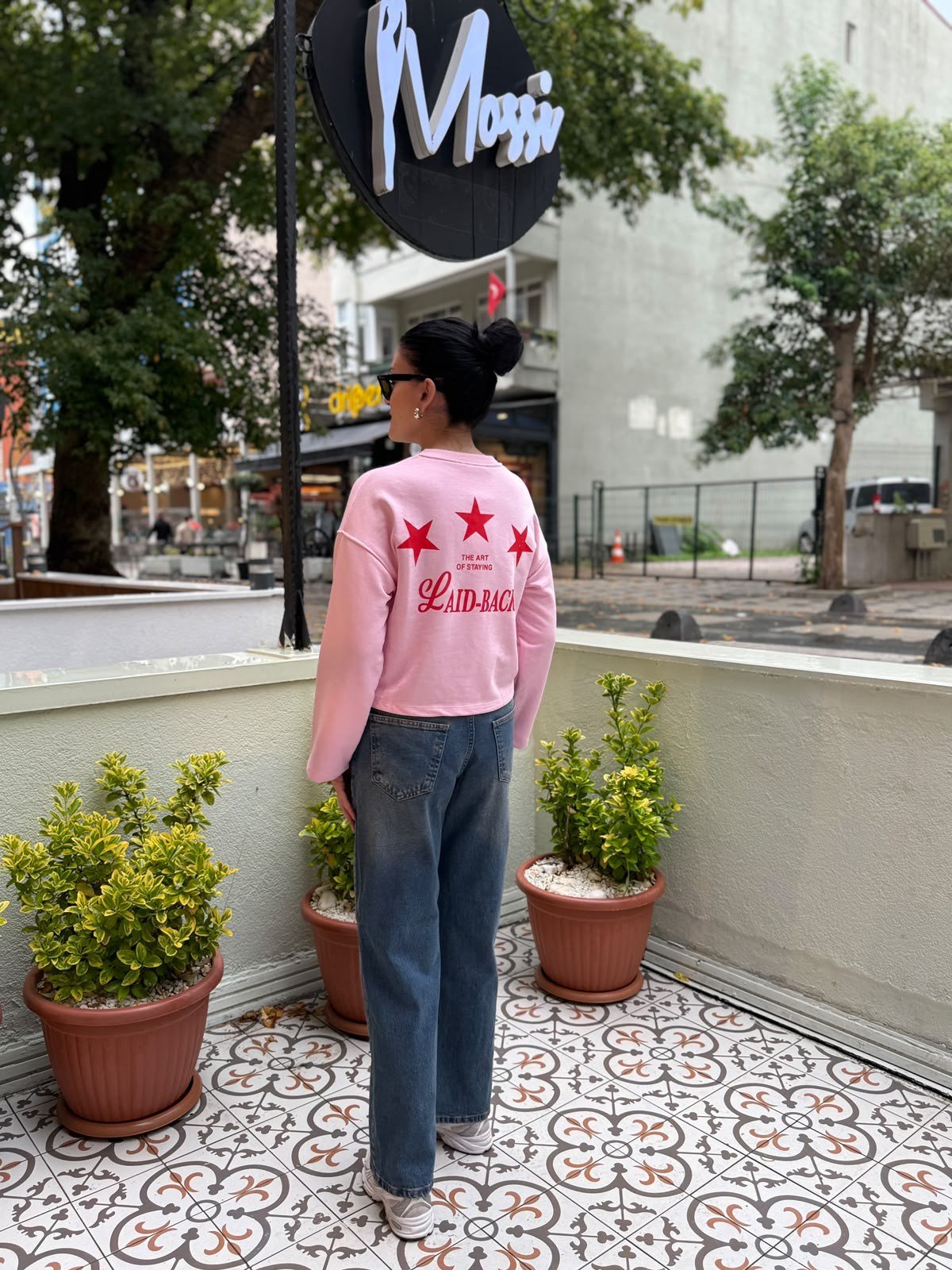 Yıldız Baskılı Pembe Sweatshirt