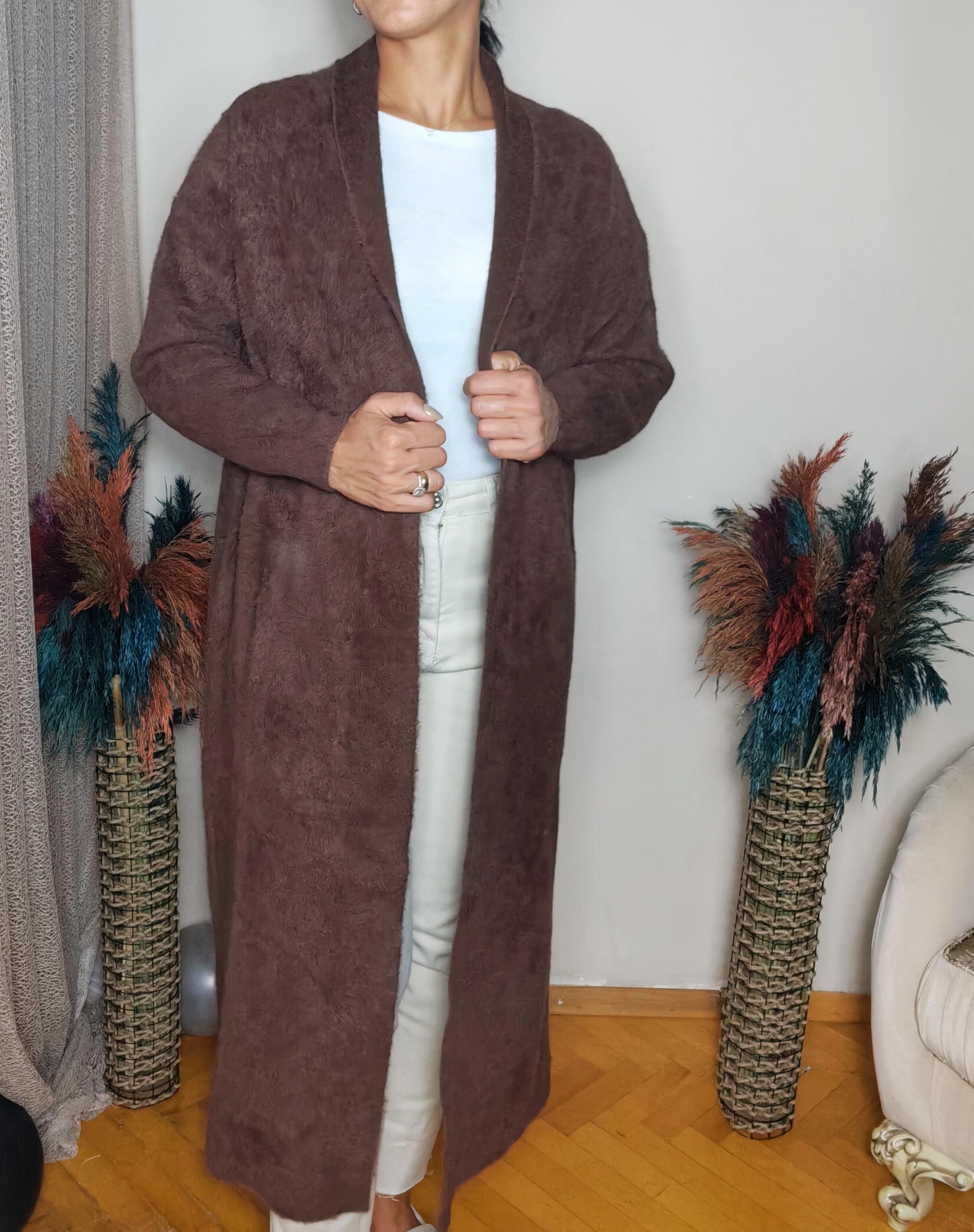 Afra Sakallı Kemerli Ceket Hırka Acı Kahve