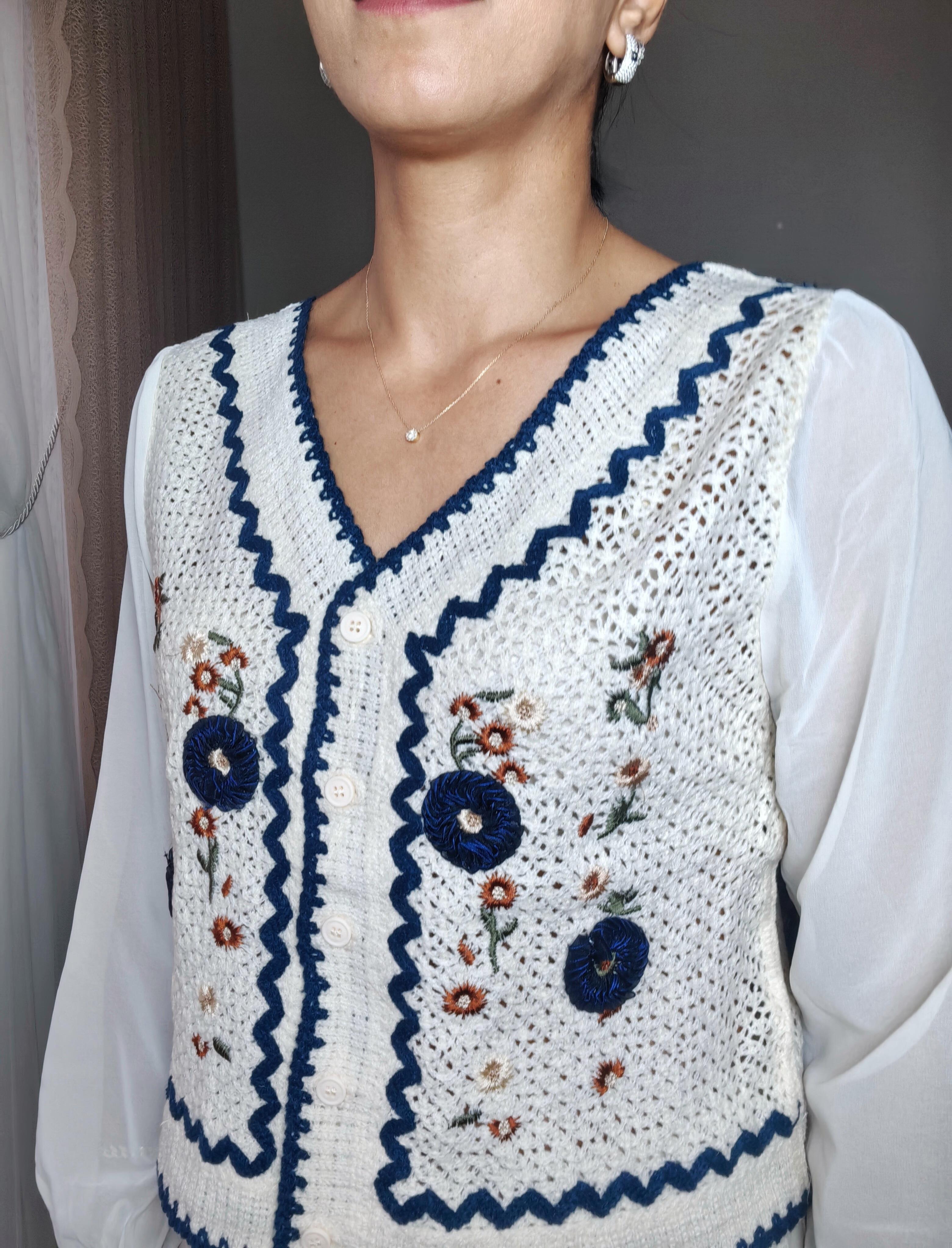 Şifon Kol Etnik Bluz Mavi