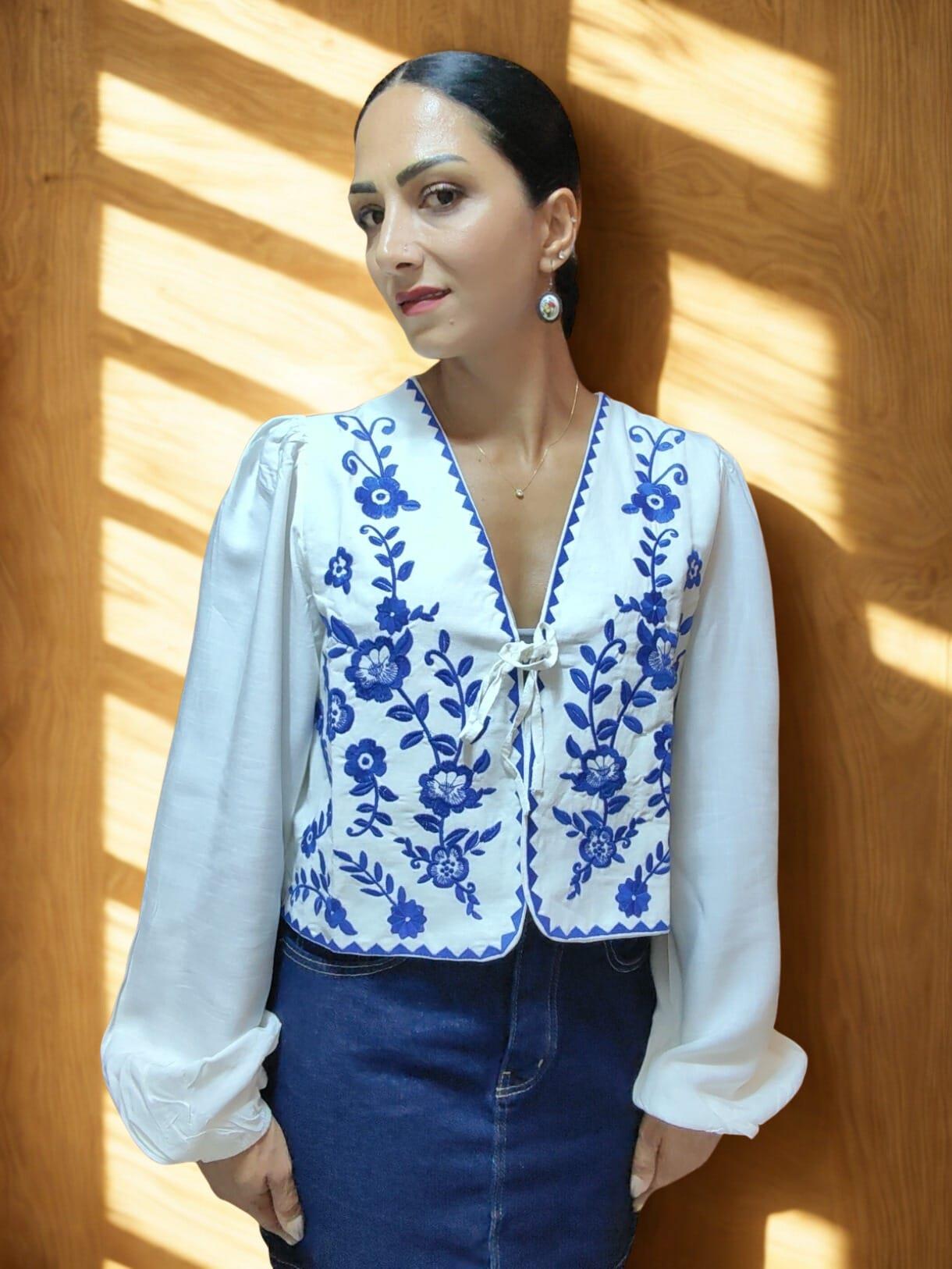Silona Mavi Nakışlı Bluz