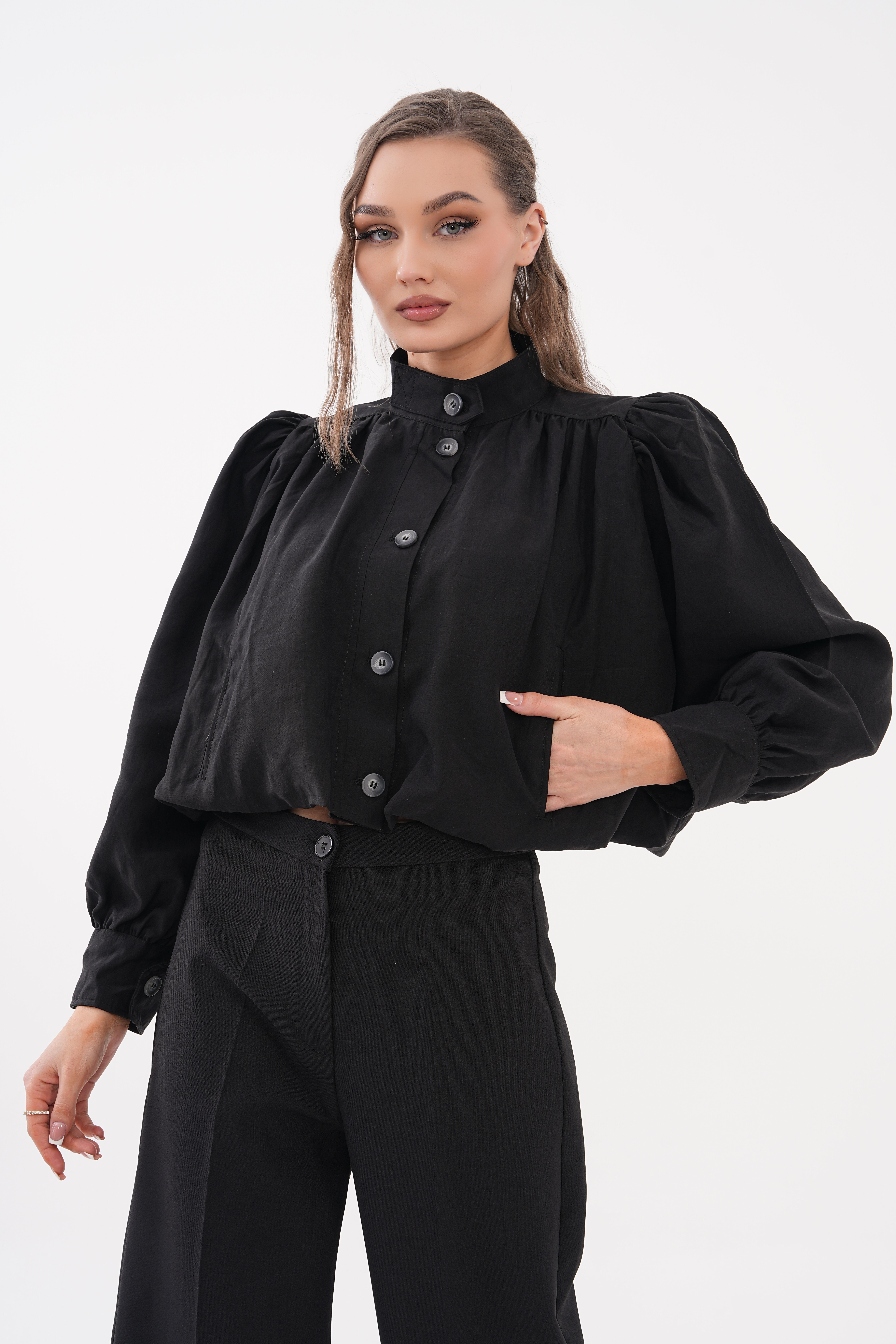 Balon Crop Ceket - Siyah