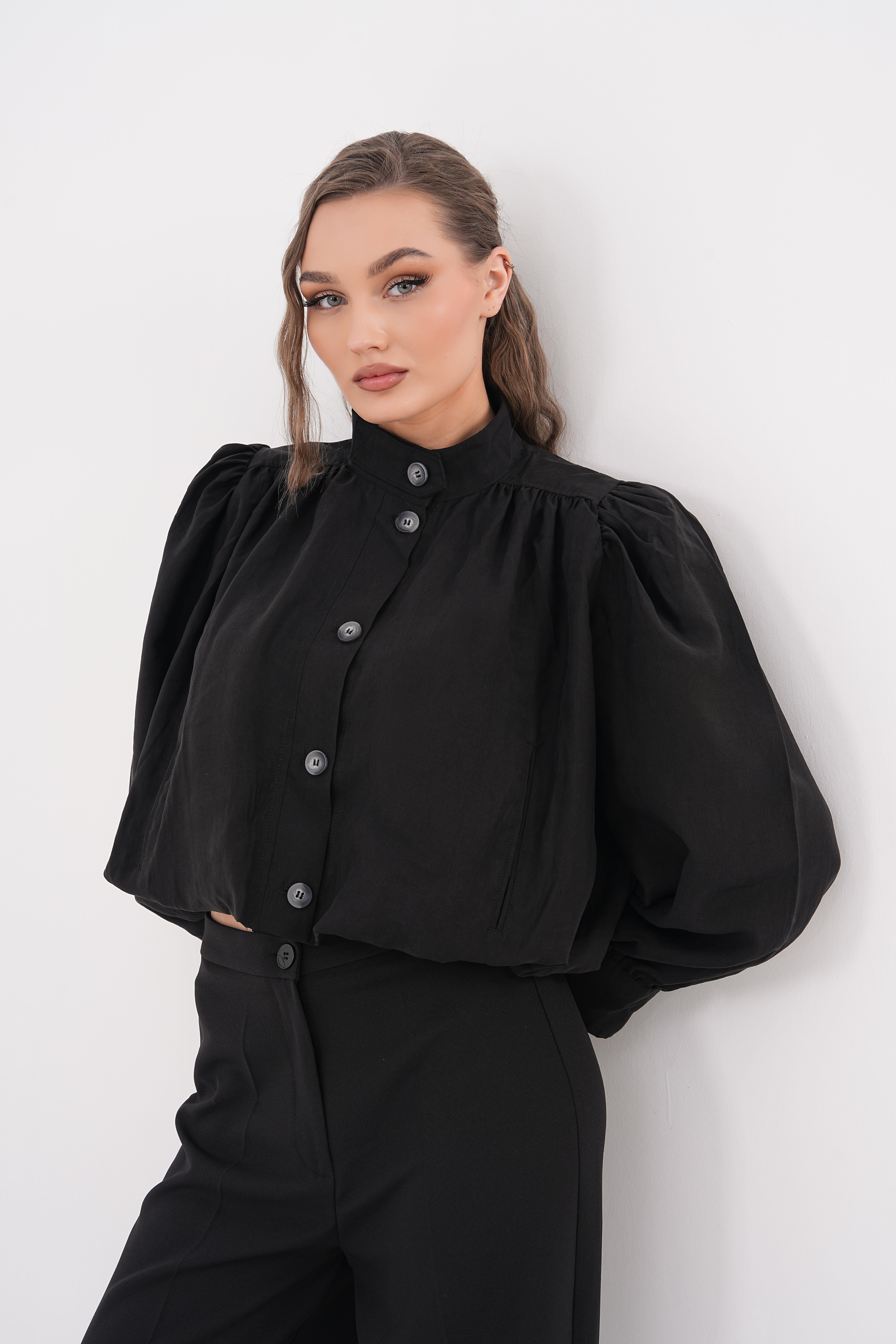 Balon Crop Ceket - Siyah