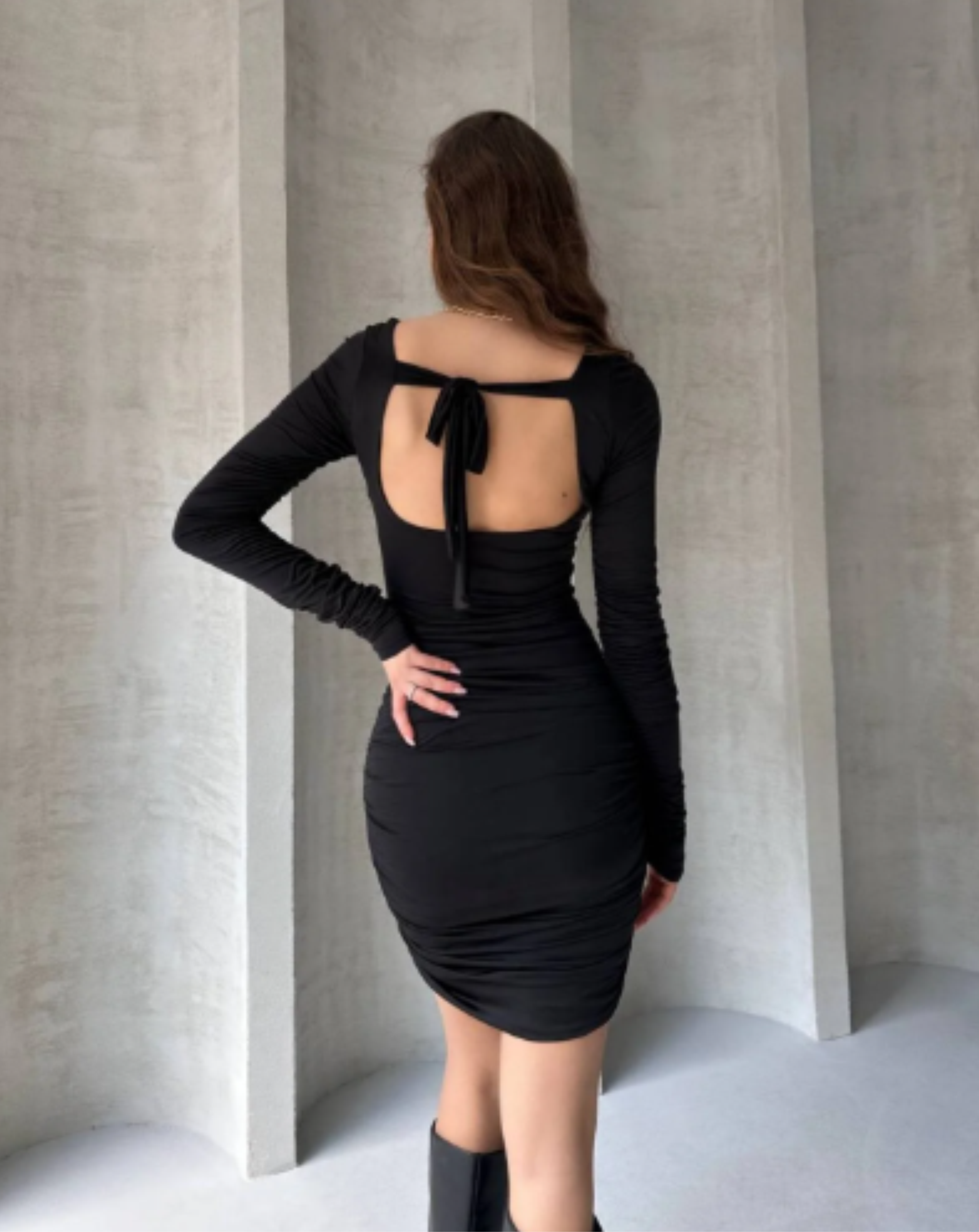 Kare Yaka Drapeli Mini Elbise