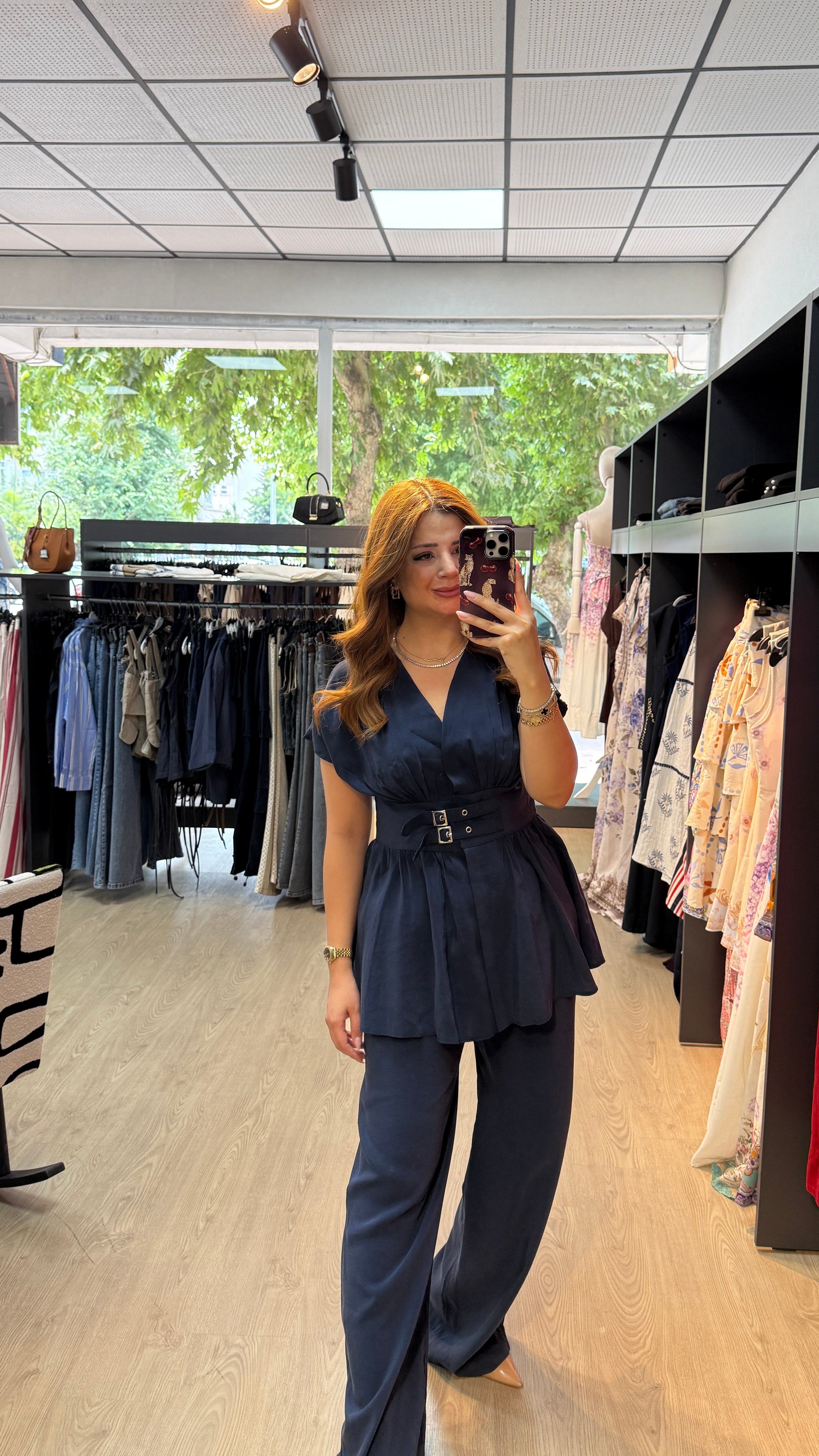 Beli Kendinden Kemerli Lacivert Takım