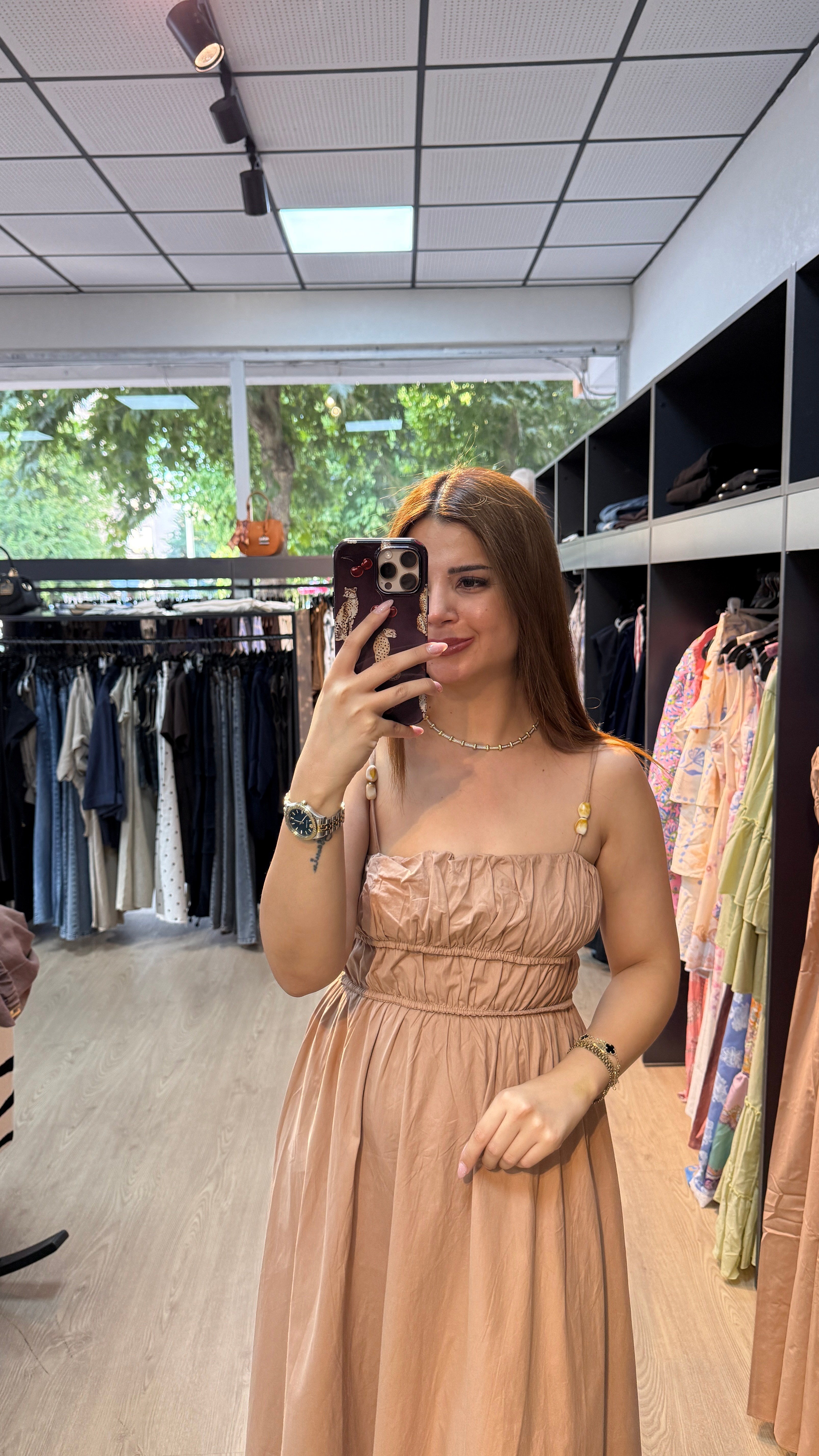 Boncuk Askı Detaylı Kahverengi Elbise