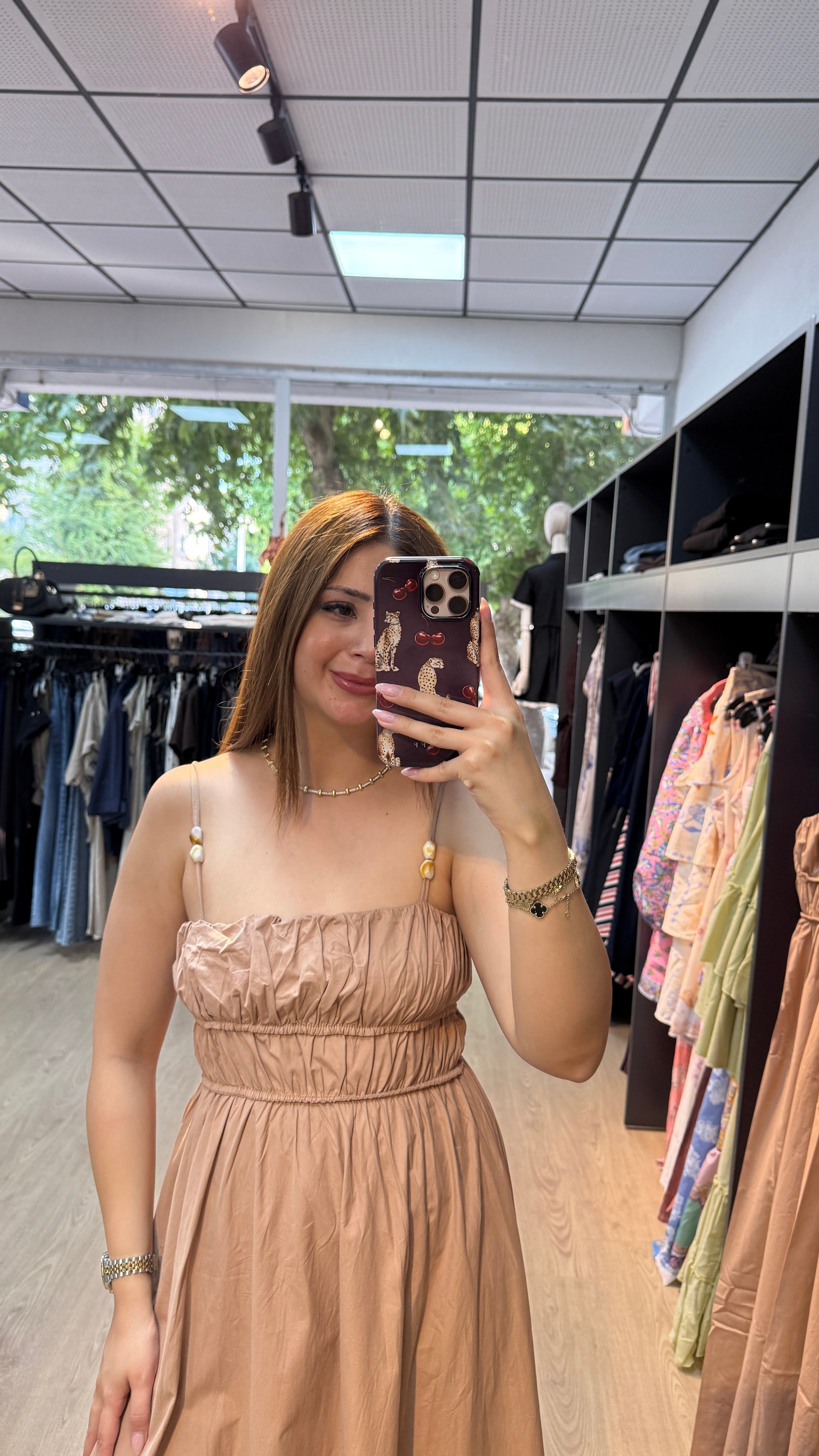 Boncuk Askı Detaylı Kahverengi Elbise