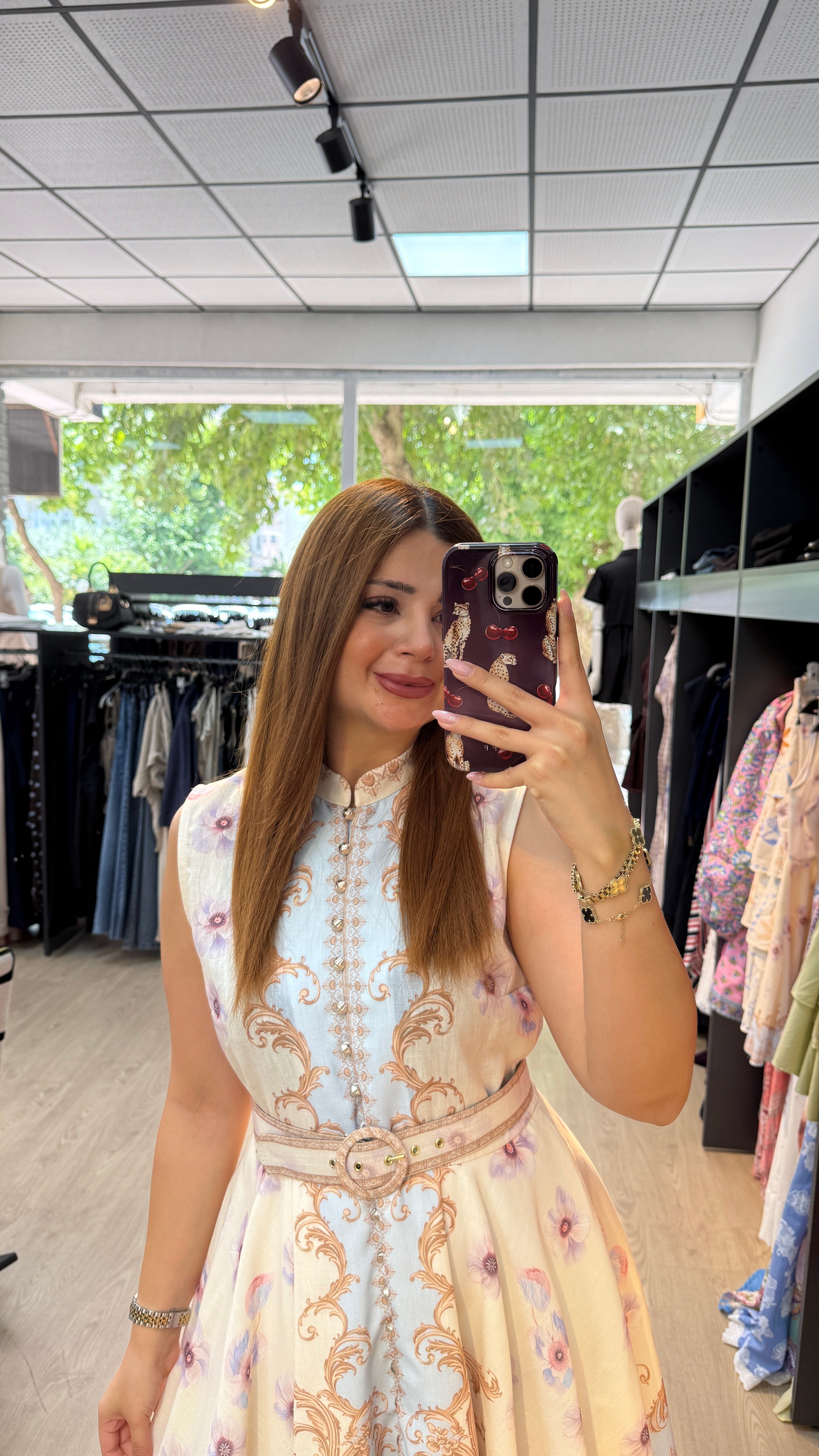 Boydan Düğmeli  Çiçek Desenli Mini Elbise