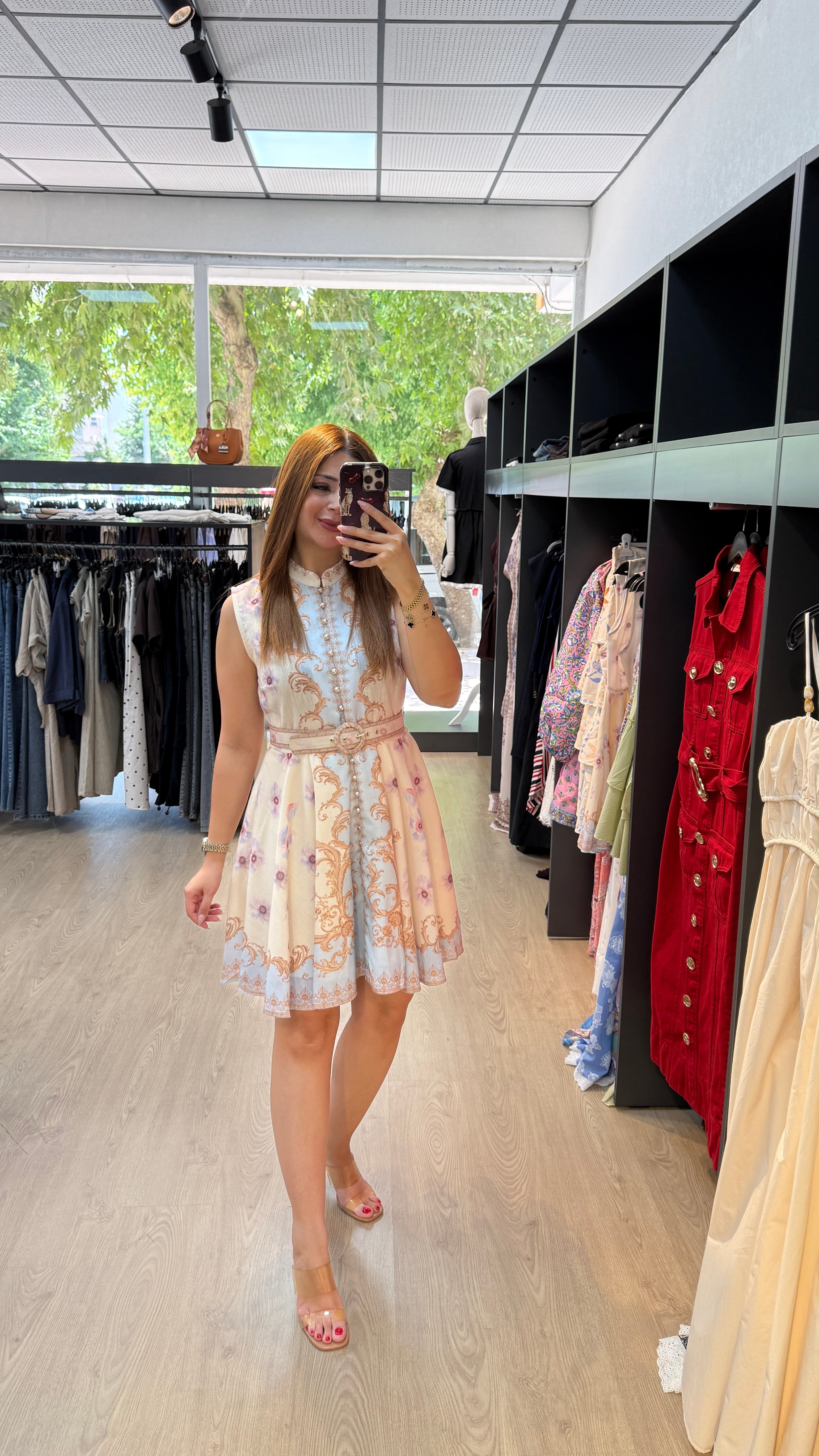 Boydan Düğmeli  Çiçek Desenli Mini Elbise