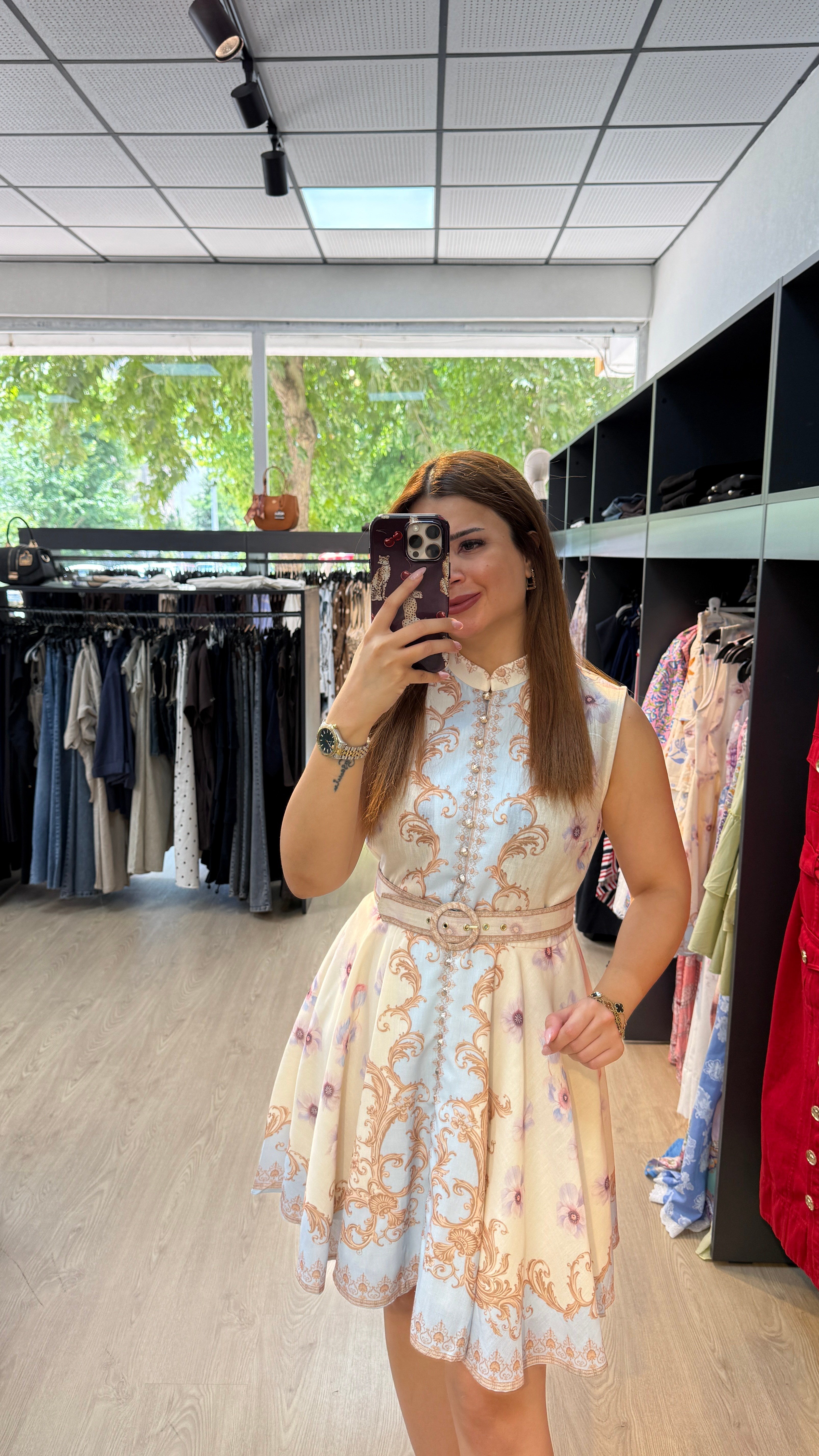 Boydan Düğmeli  Çiçek Desenli Mini Elbise
