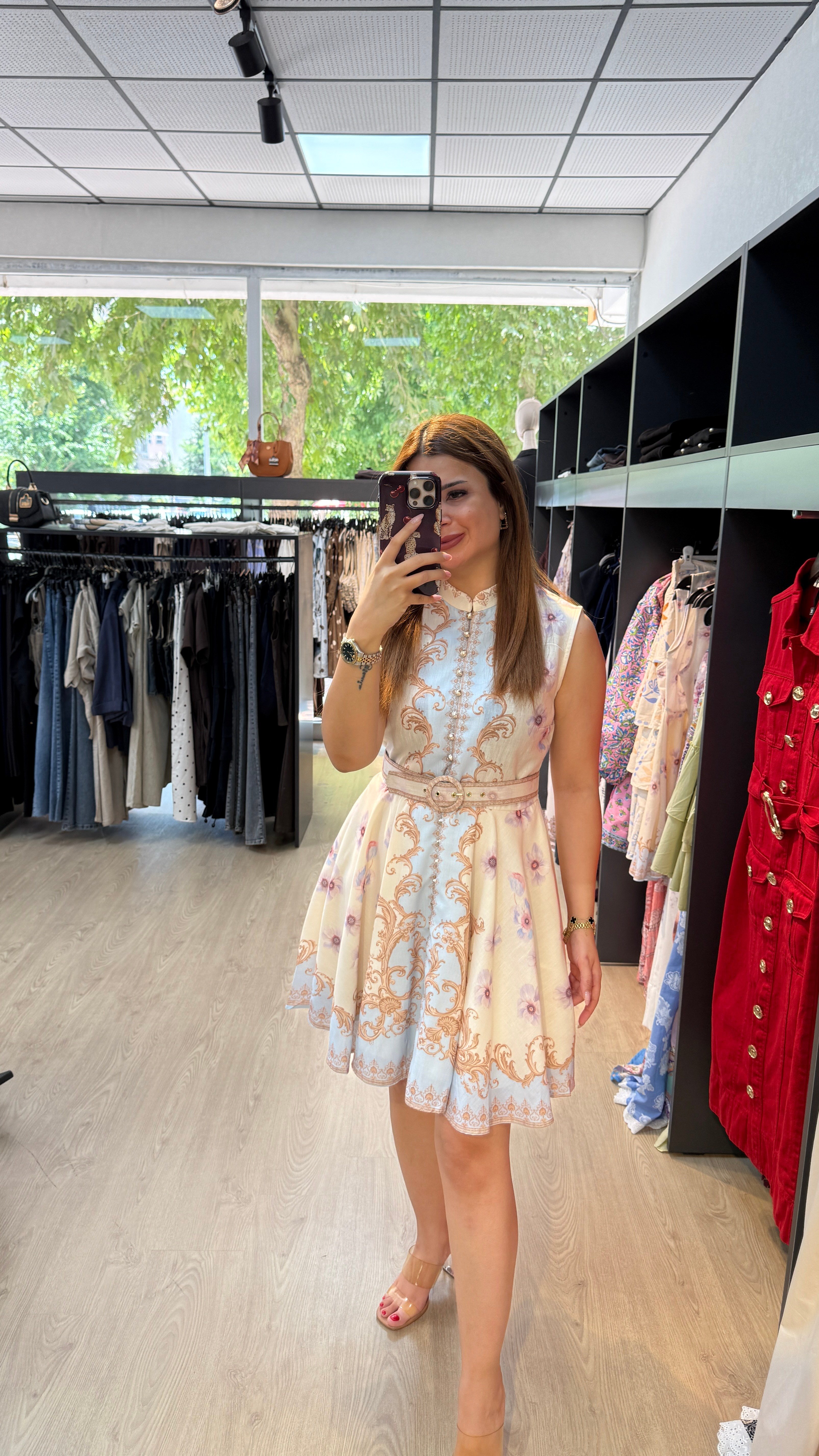 Boydan Düğmeli  Çiçek Desenli Mini Elbise
