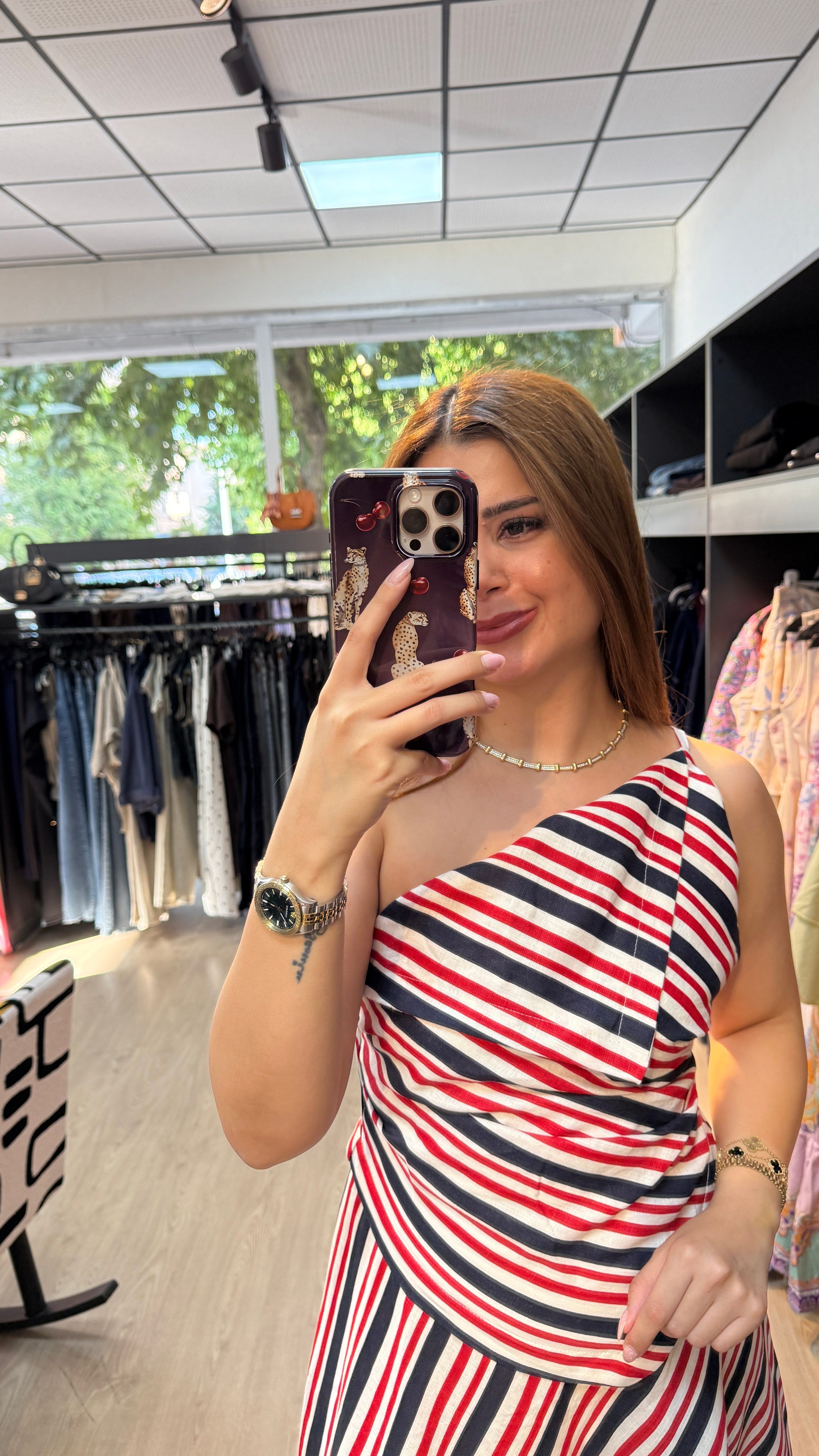 Çizgili Keten Tek Omuz Elbise