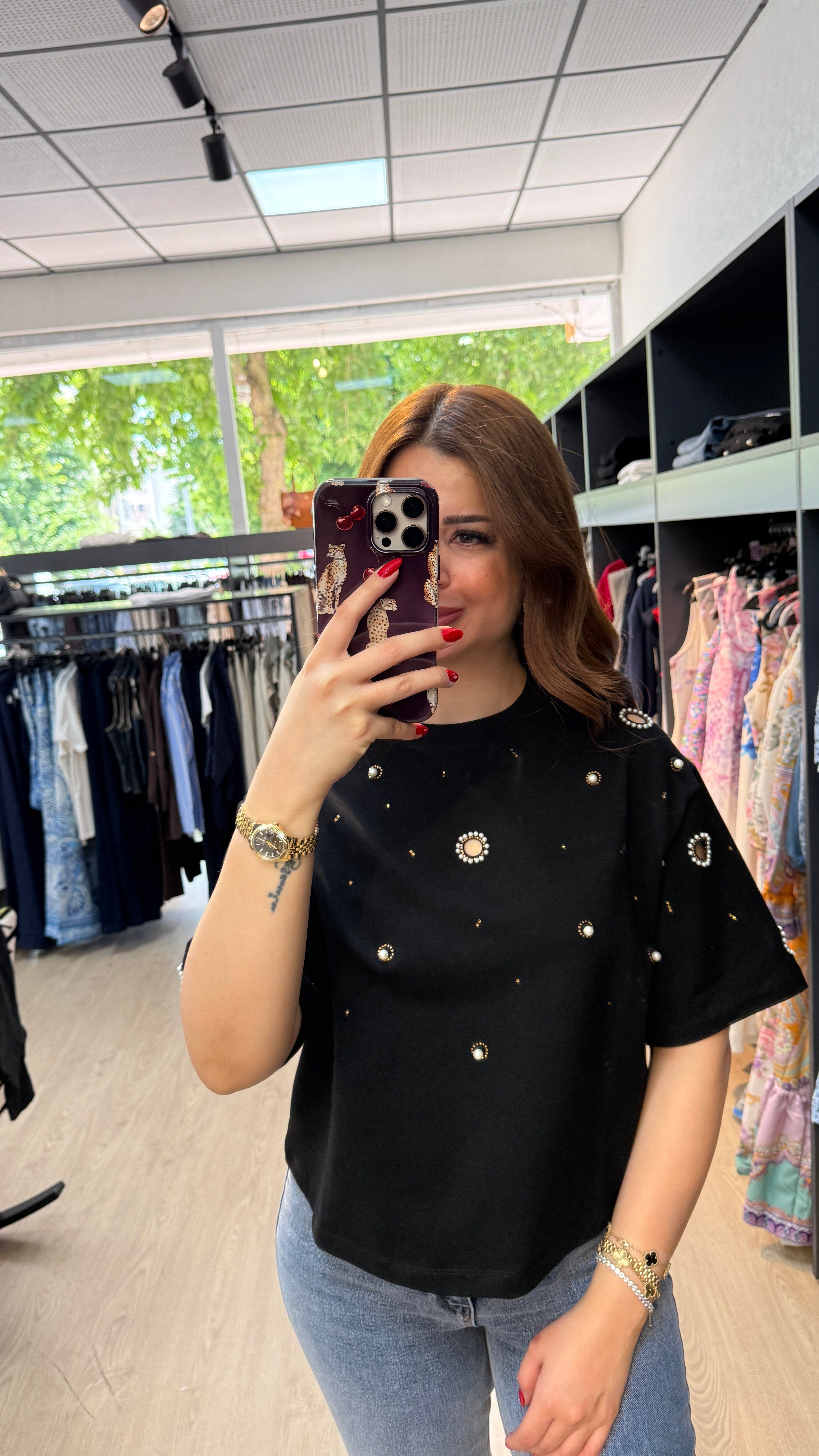 İnci ve Taş Detaylı Tişört