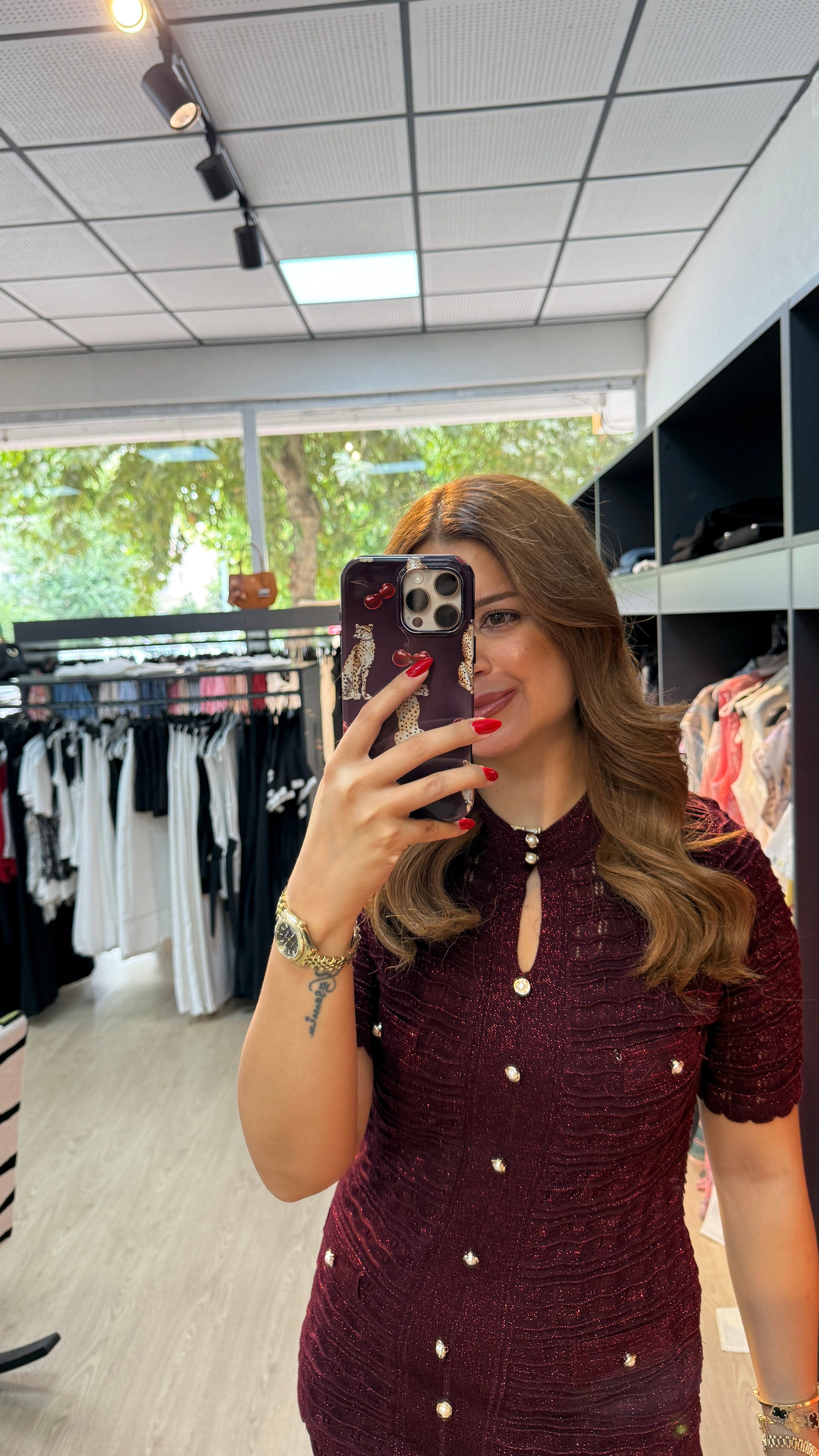 İthal İnci Düğme Detaylı Astarlı Elbise  Bordo