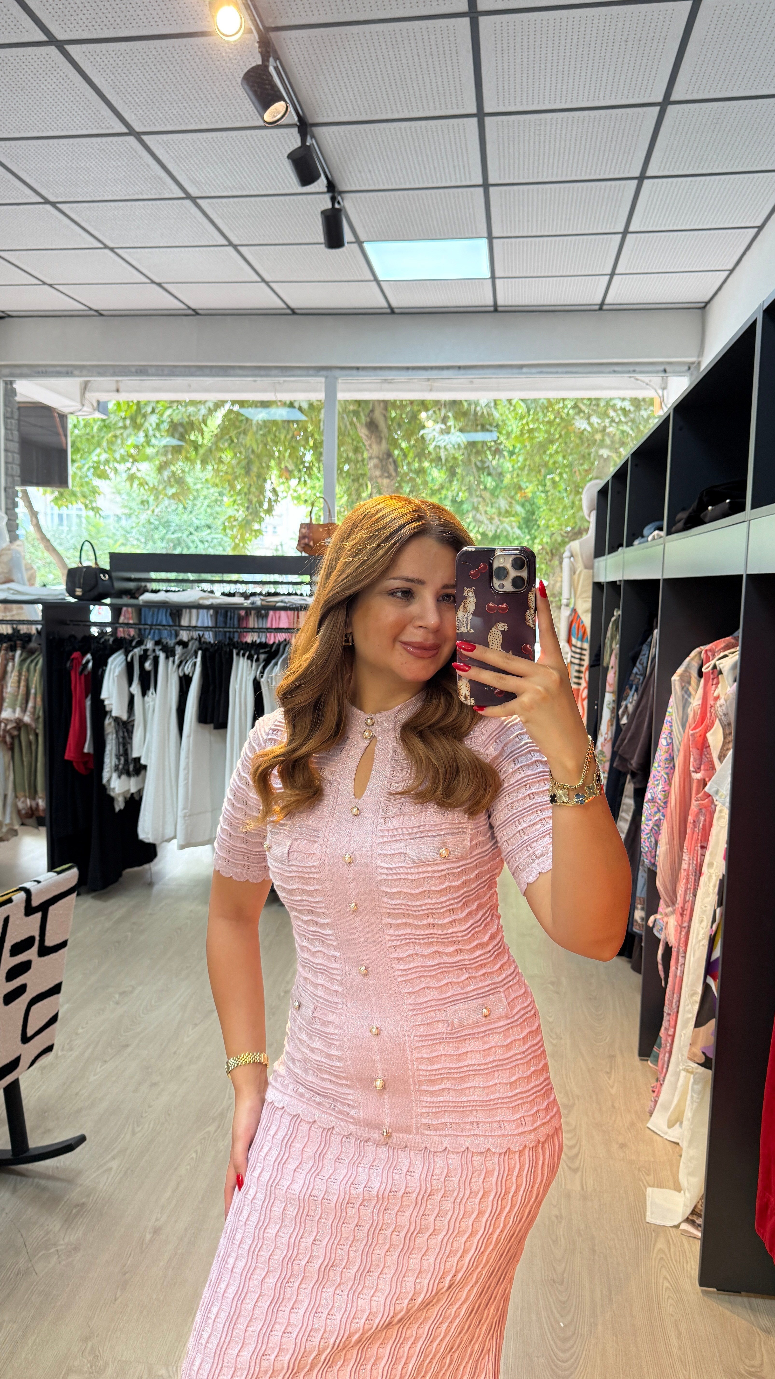 İthal İnci Düğme Detaylı Astarlı Elbise Pembe