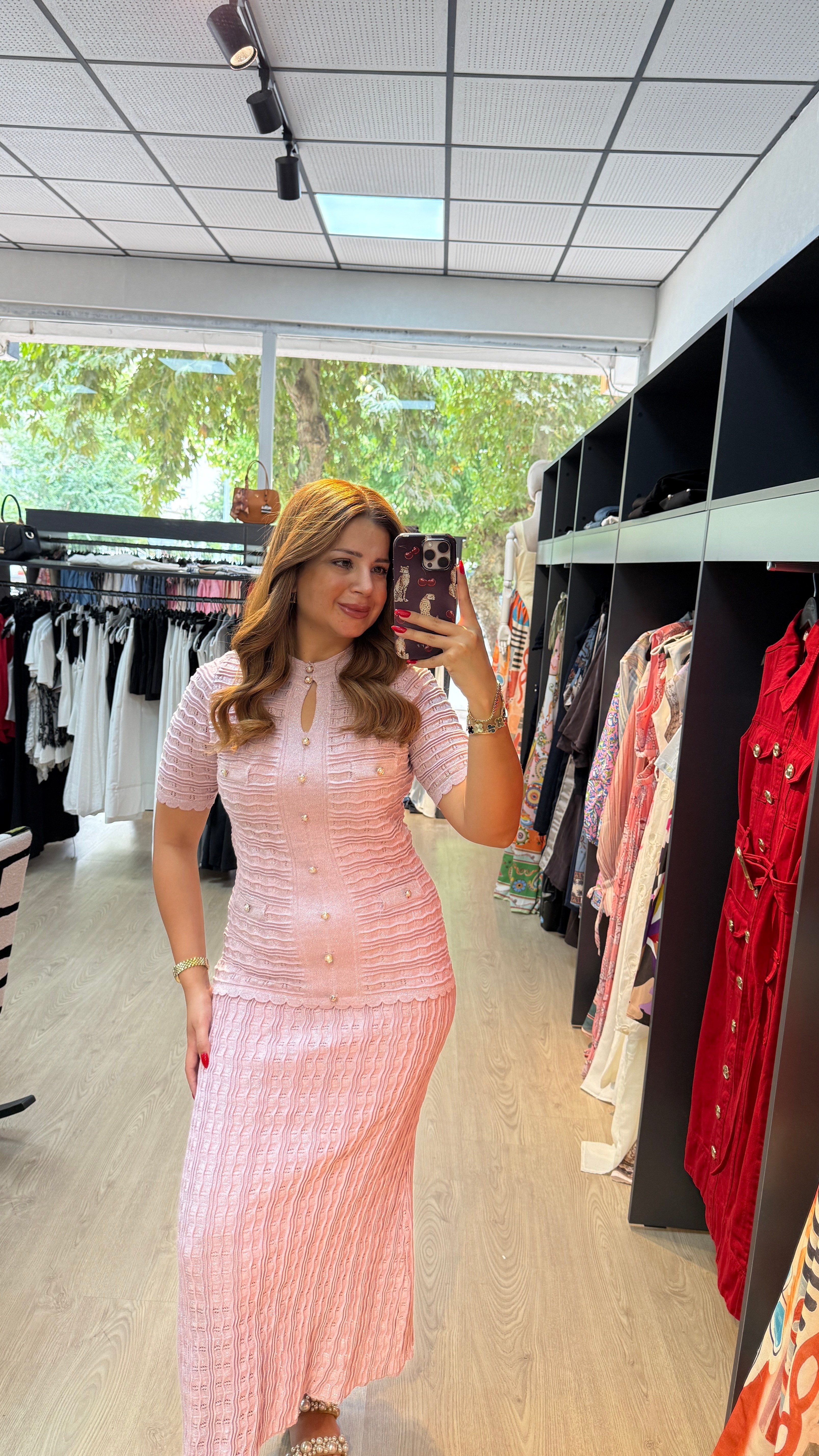 İthal İnci Düğme Detaylı Astarlı Elbise Pembe