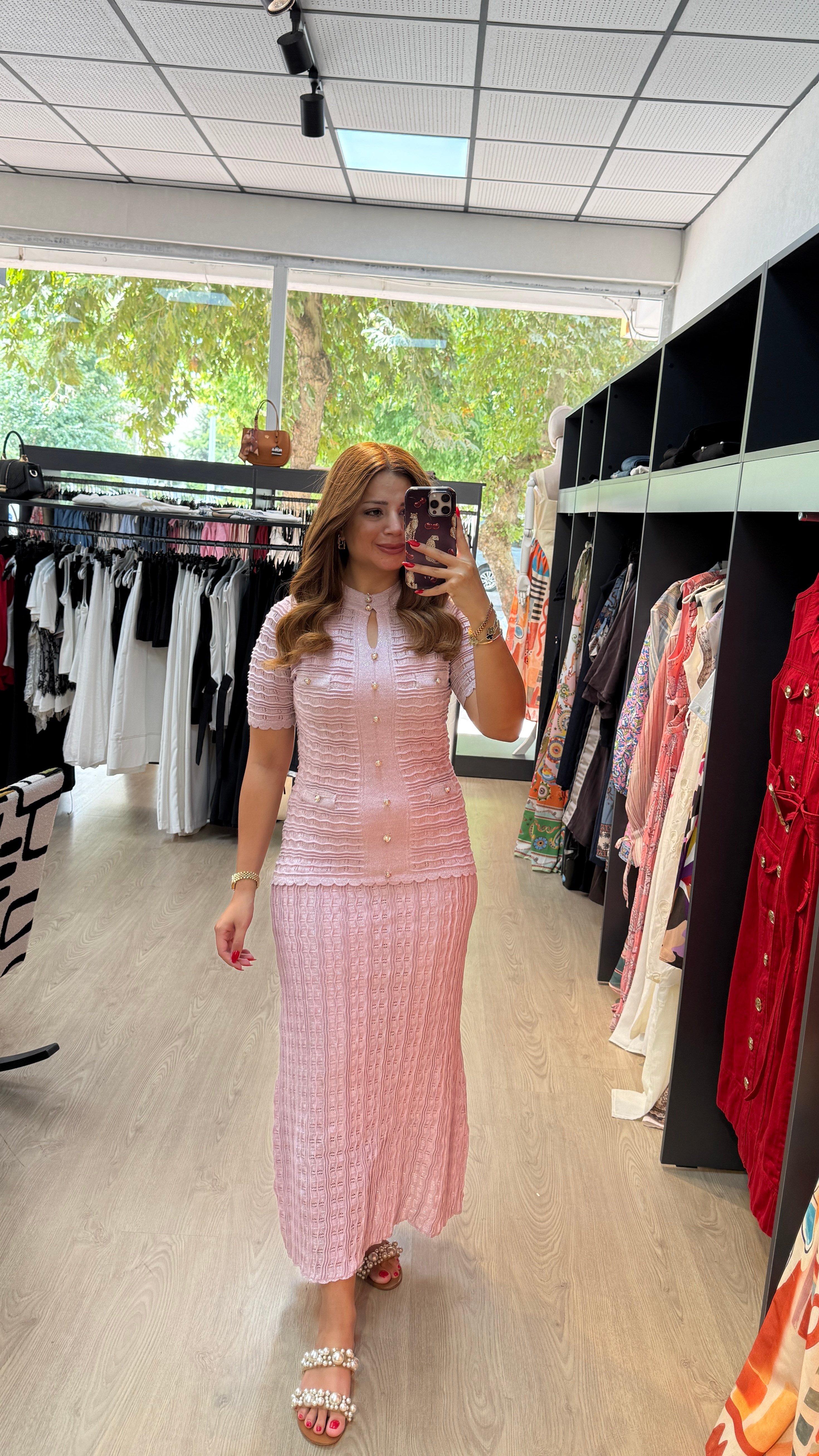İthal İnci Düğme Detaylı Astarlı Elbise Pembe