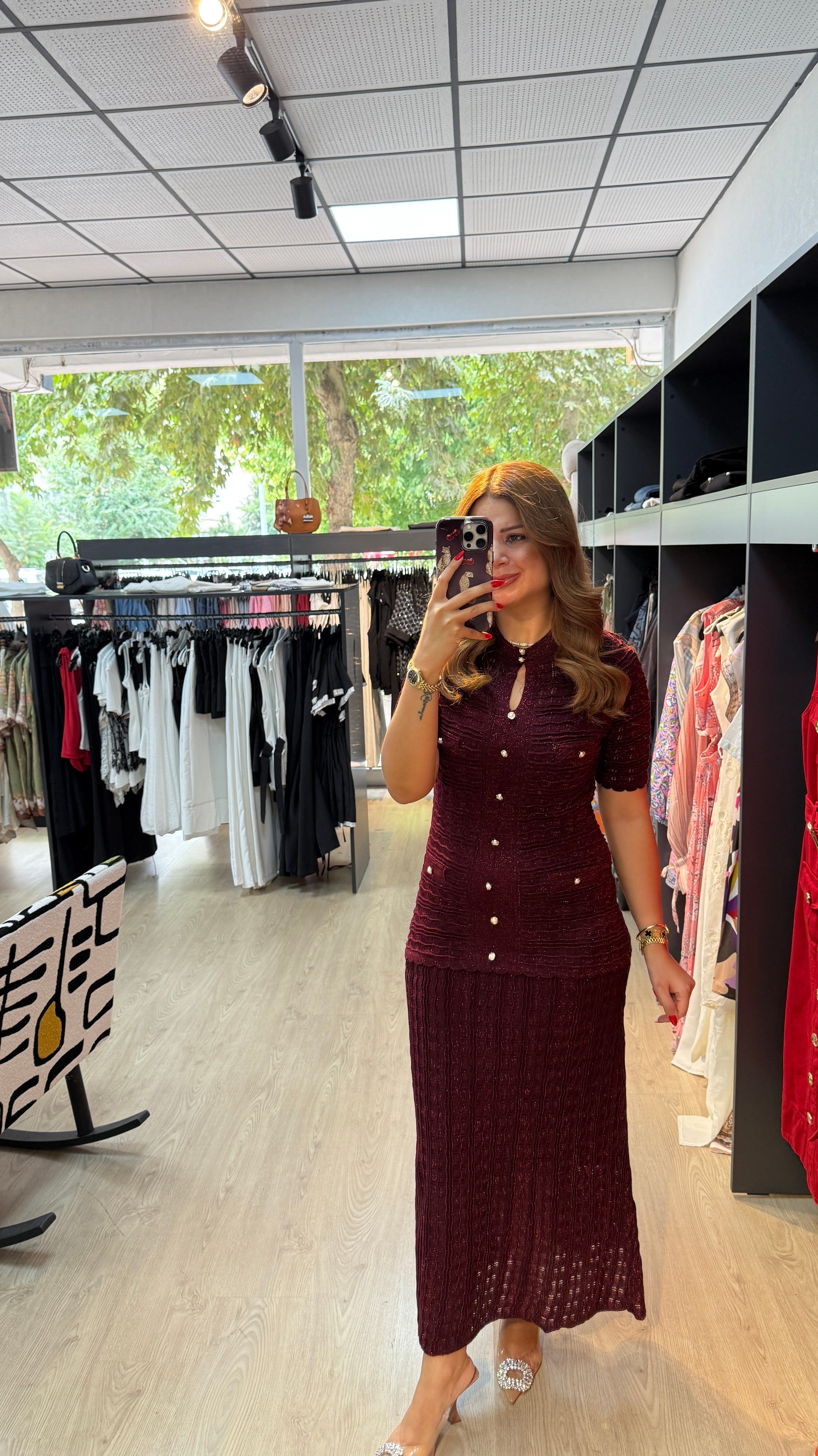 İthal İnci Düğme Detaylı Astarlı Elbise  Bordo