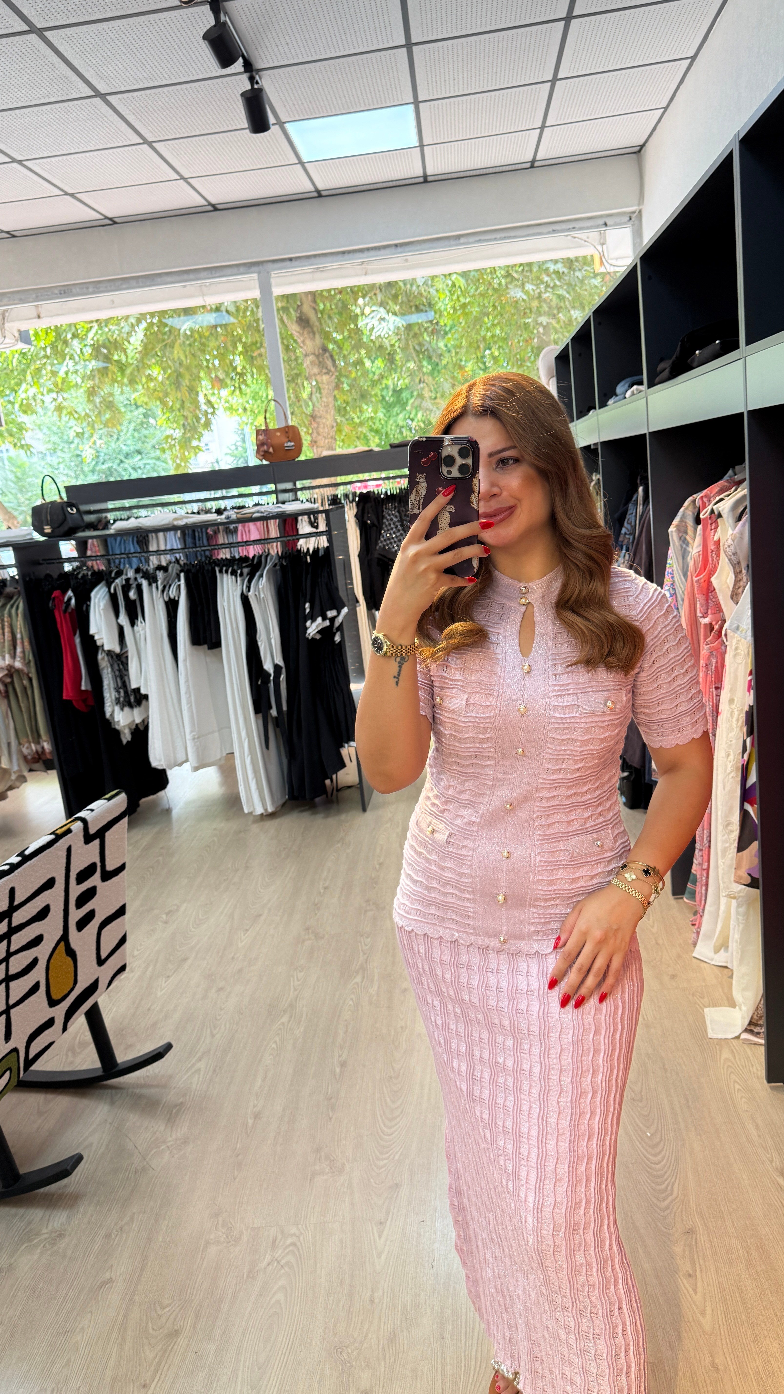 İthal İnci Düğme Detaylı Astarlı Elbise Pembe