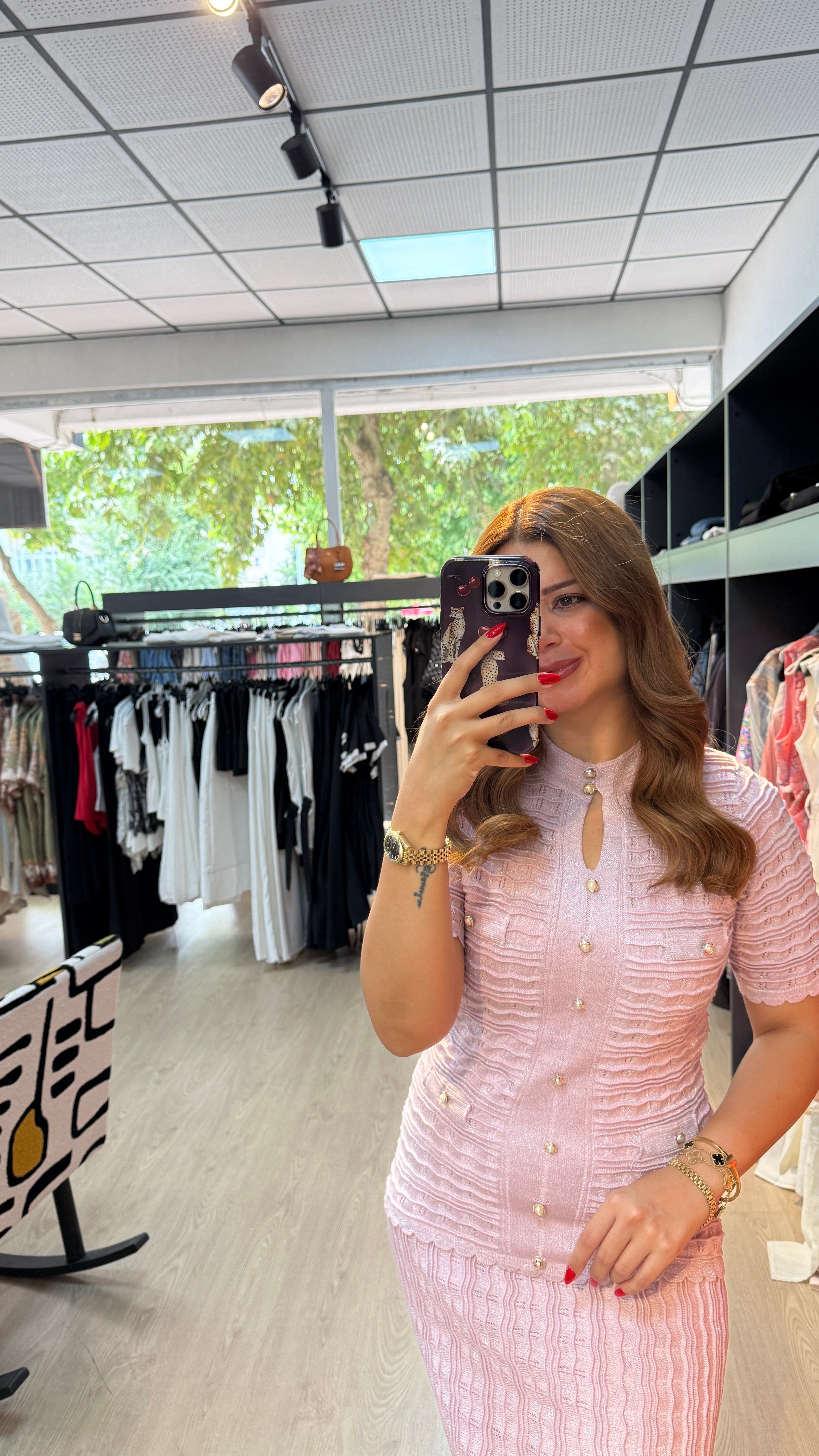 İthal İnci Düğme Detaylı Astarlı Elbise Pembe