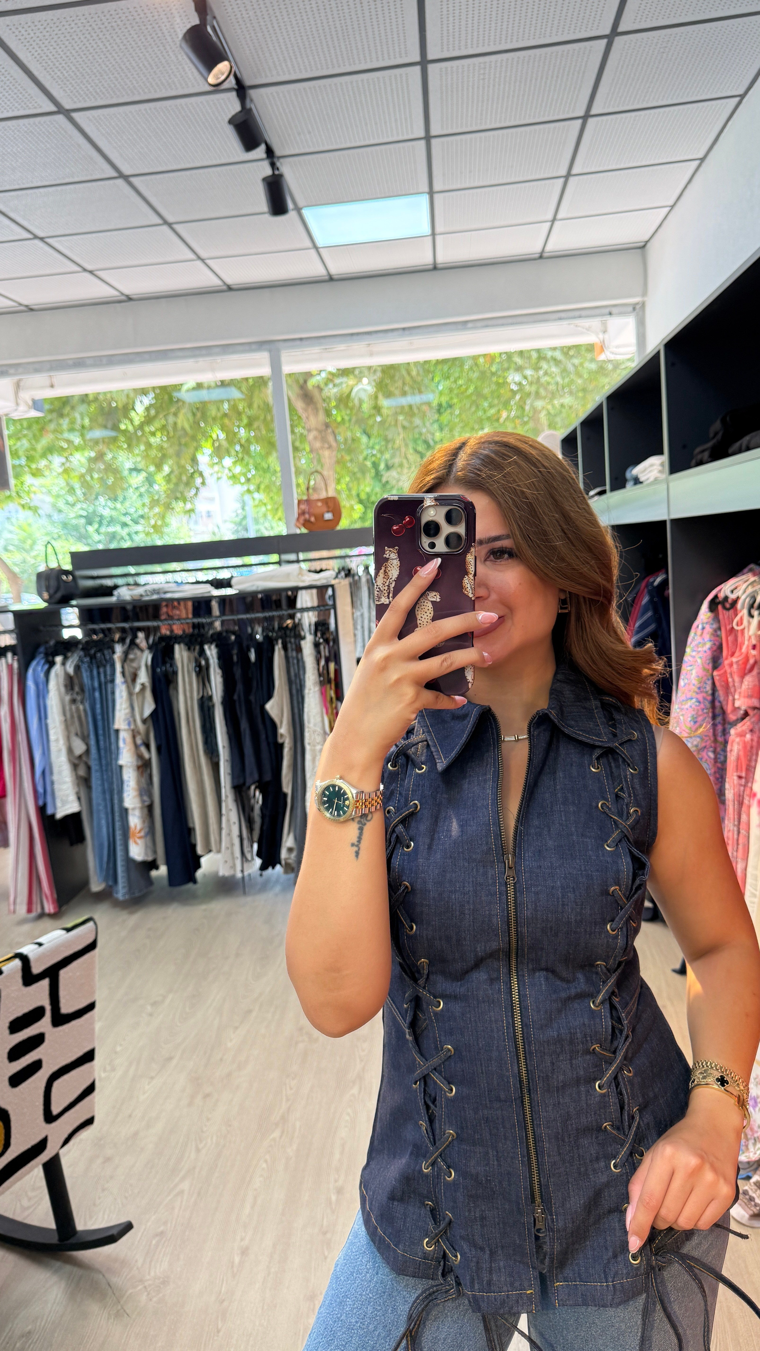 Kuş Gözü Detaylı Fermuarlı Yelek