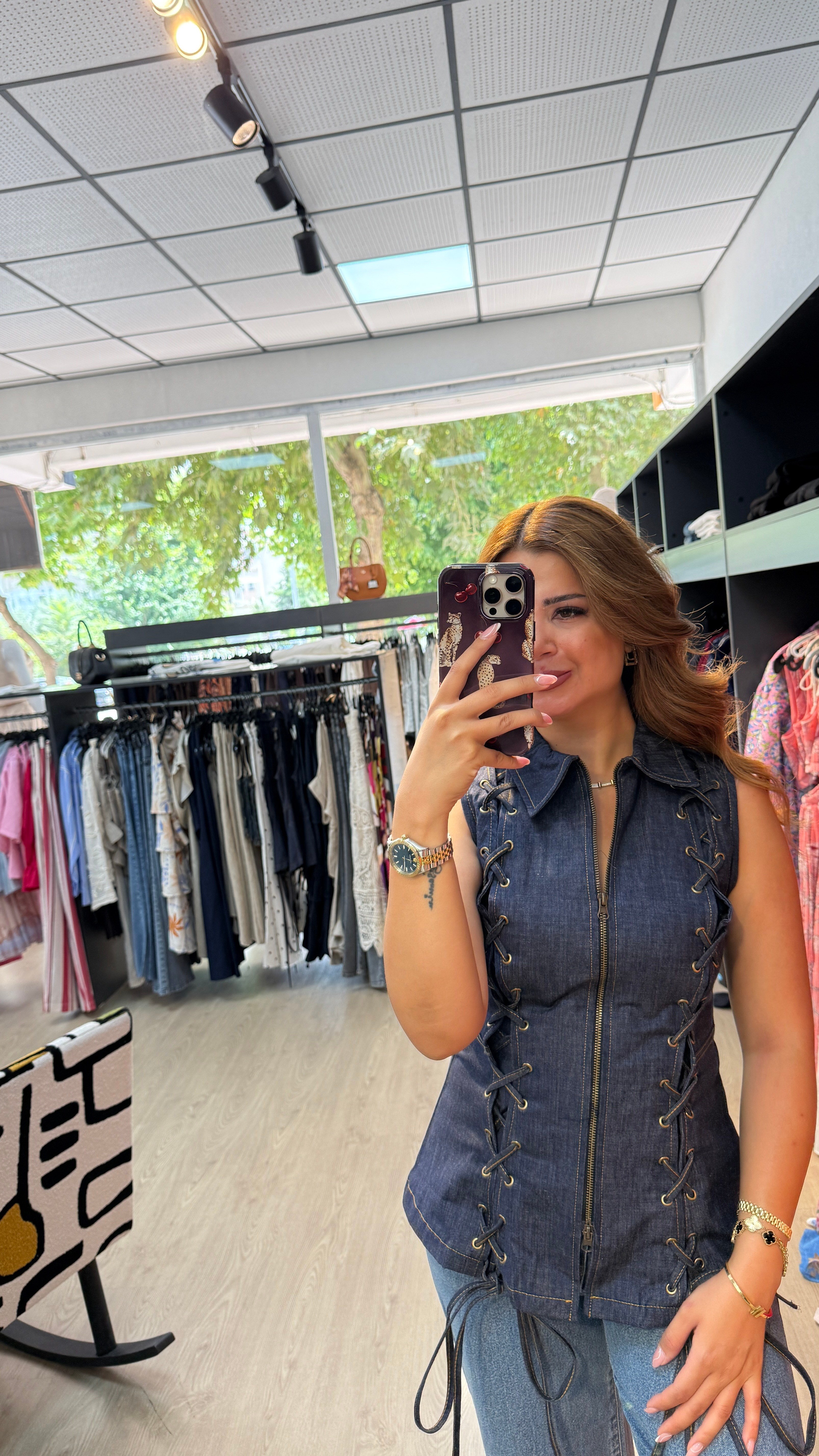 Kuş Gözü Detaylı Fermuarlı Yelek