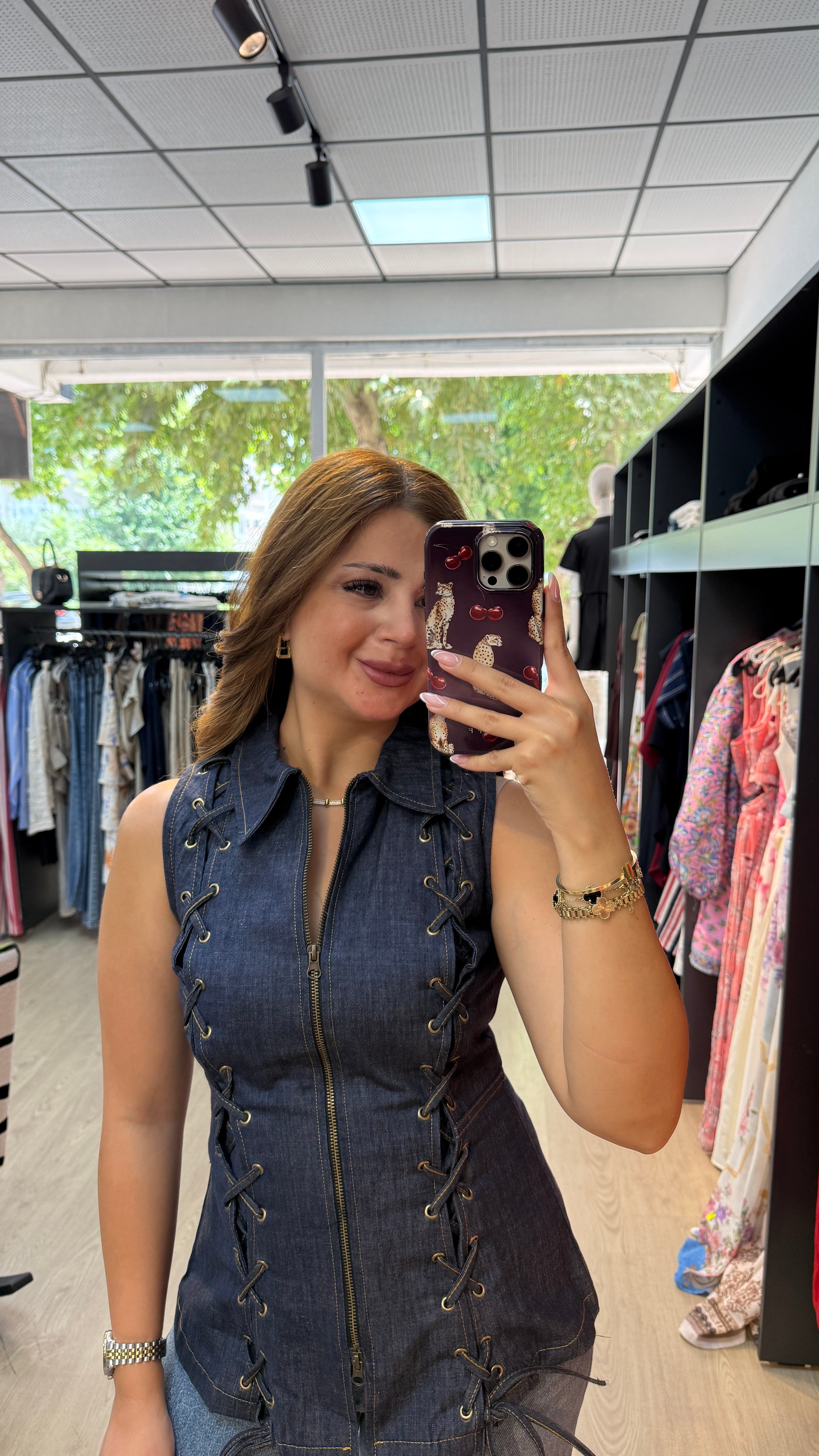Kuş Gözü Detaylı Fermuarlı Yelek