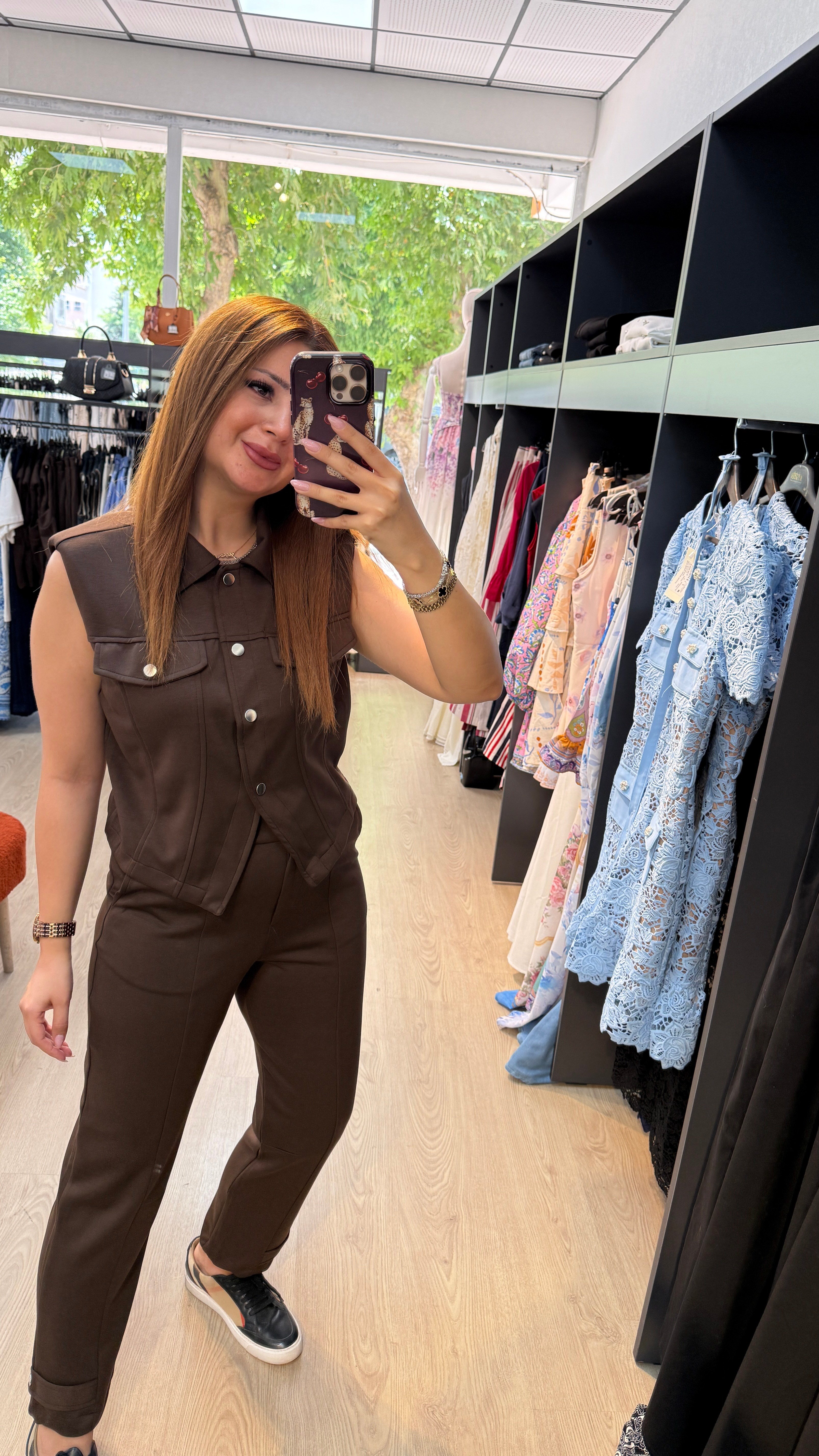 Modal Kumaş Yelekli Kahverengi Takım