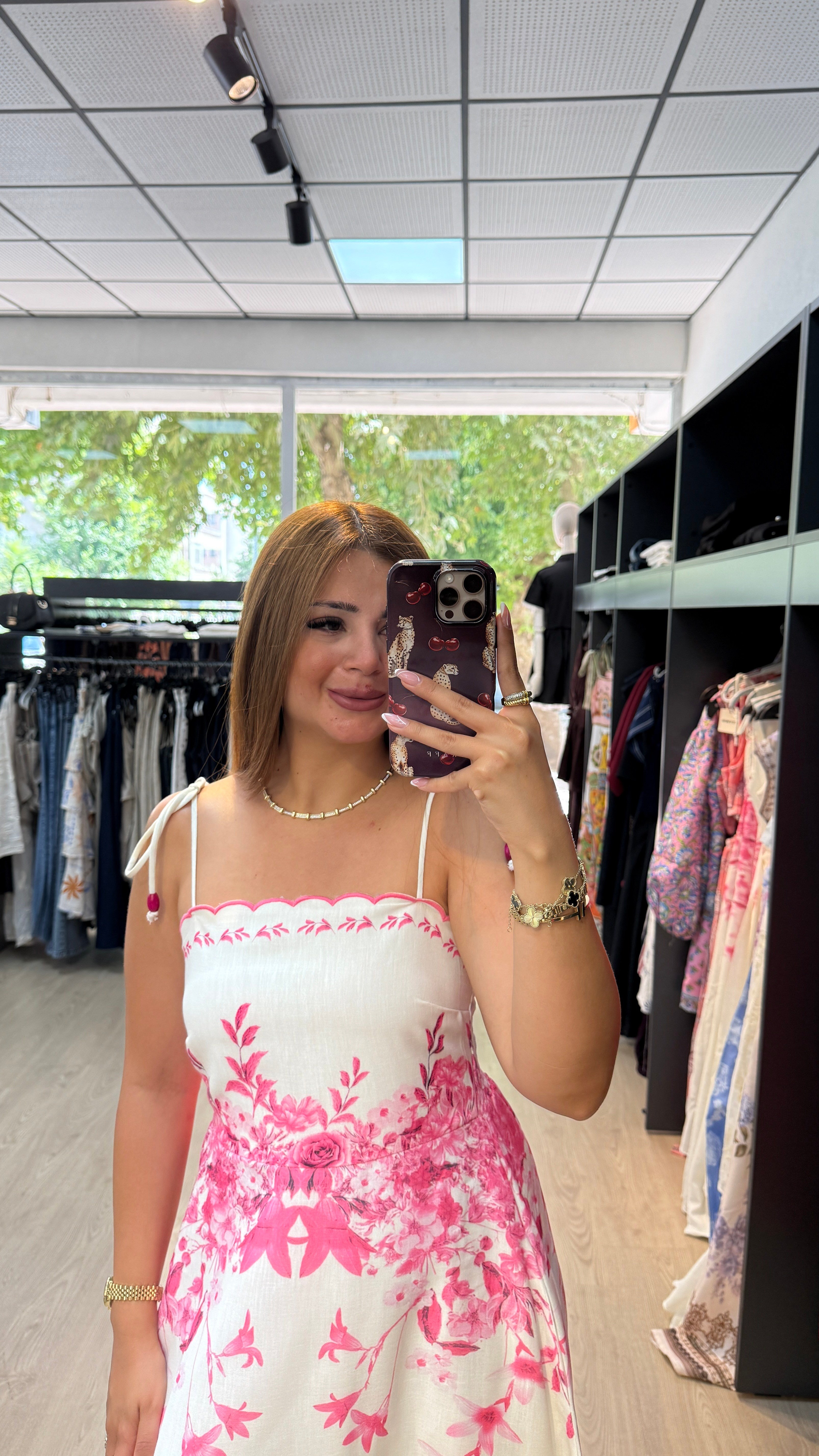 Pembe Desenli Keten Askılı Elbise