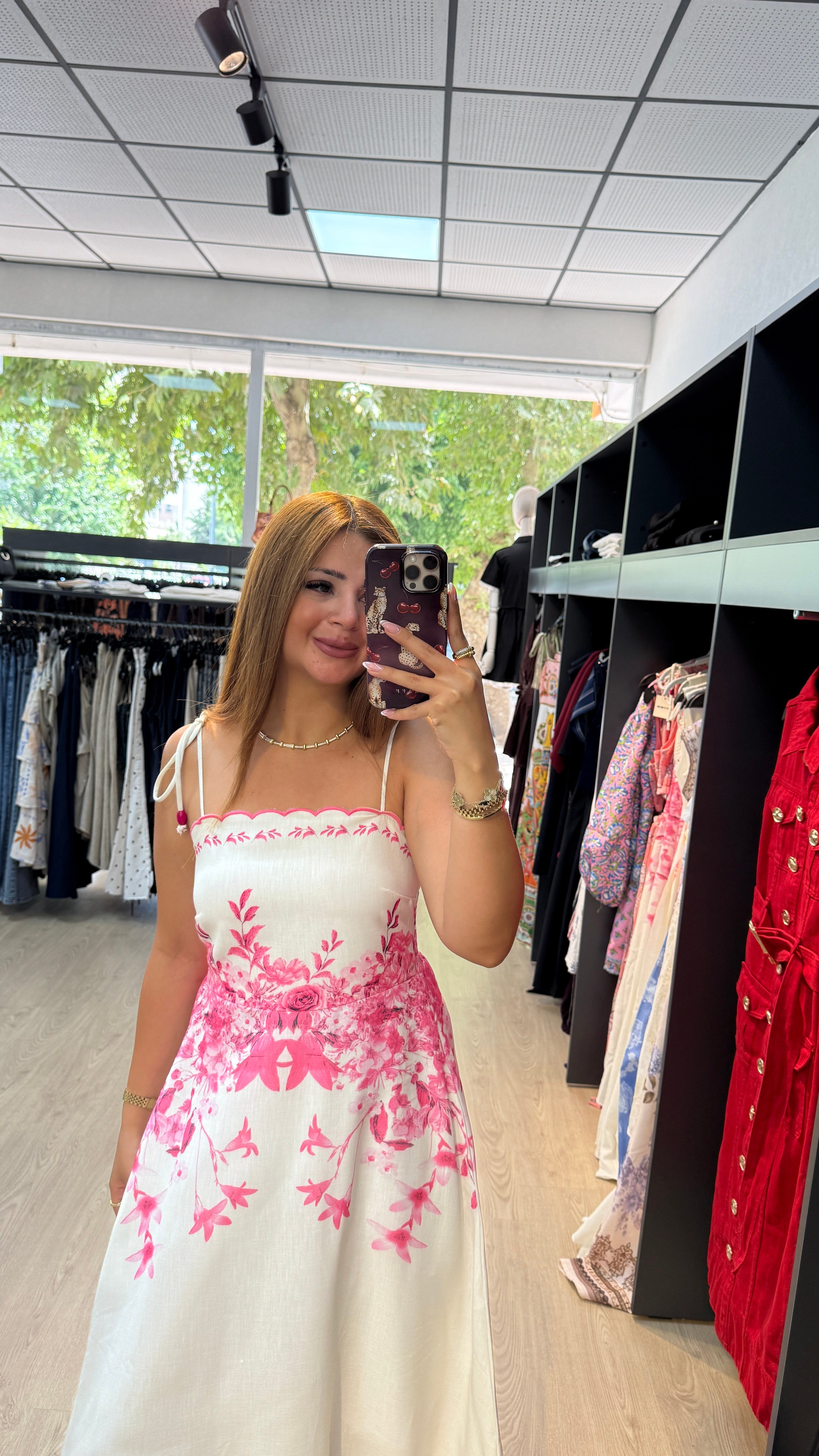 Pembe Desenli Keten Askılı Elbise